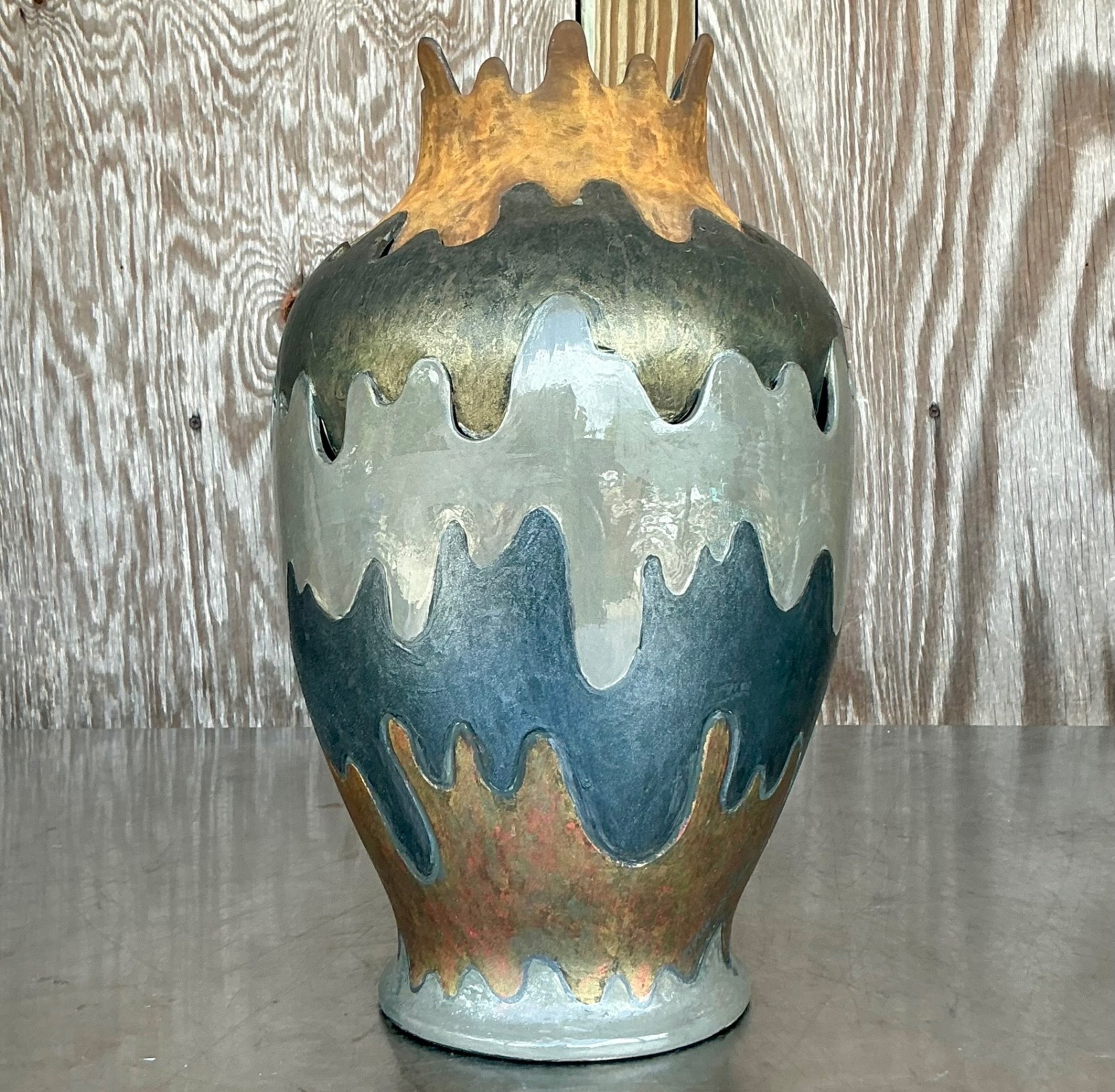 Vintage Boho Monumental Layered Ripple Ceramic Vase - Back view