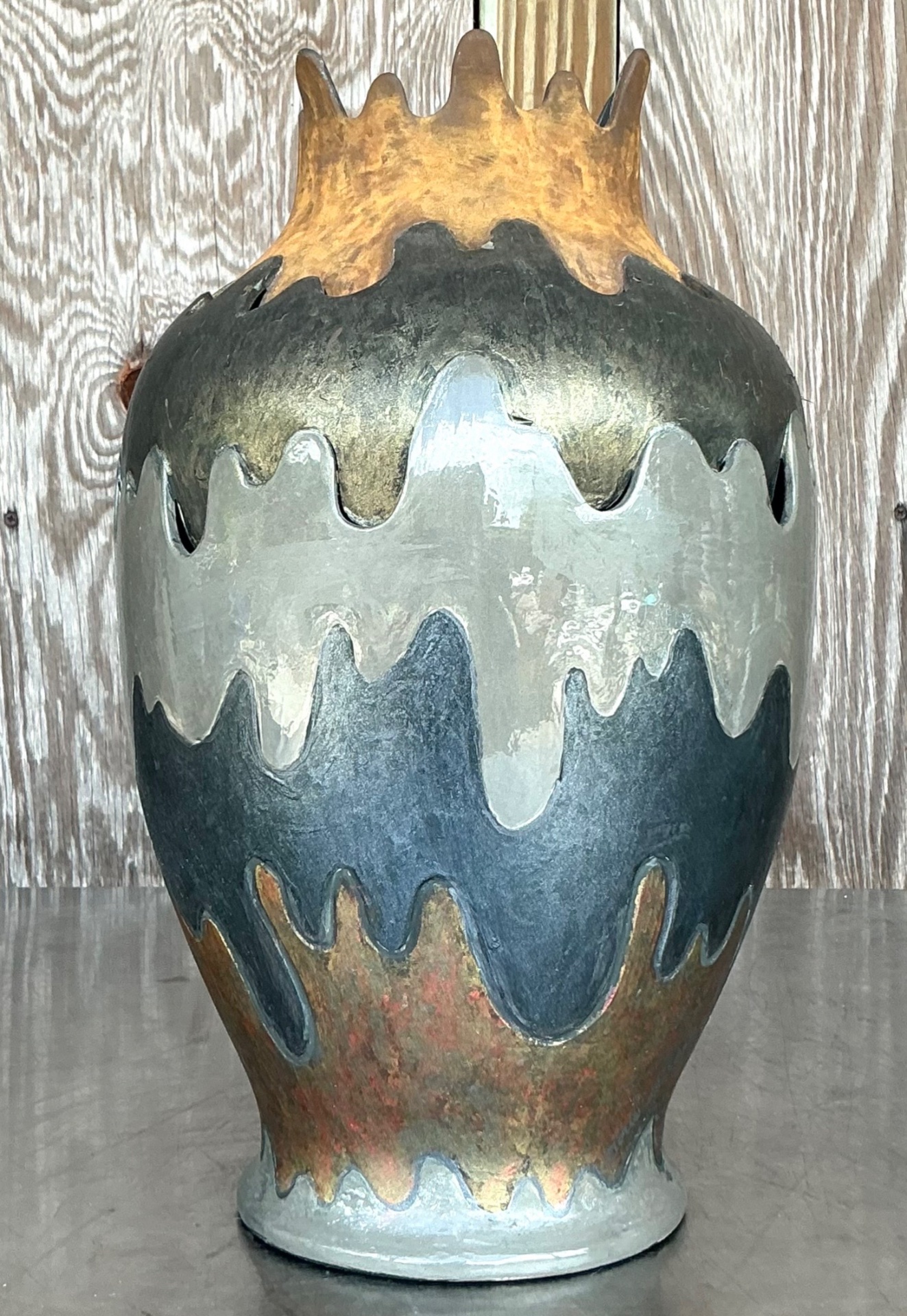Vintage Boho Monumental Layered Ripple Ceramic Vase - Side view