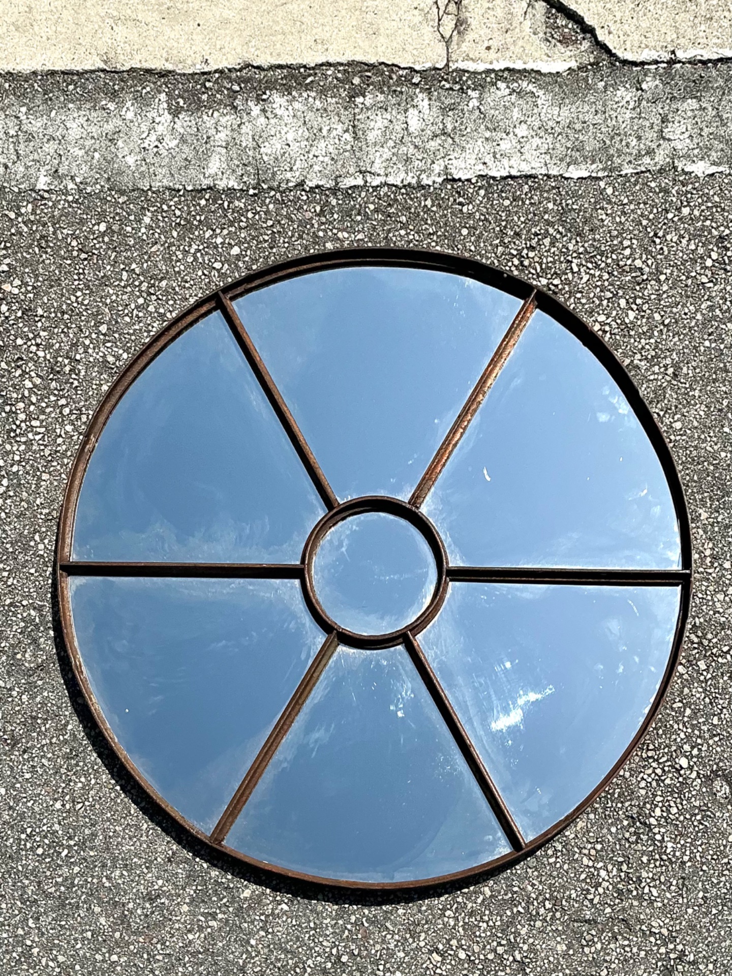 Vintage Wrought Iron Round Windowpane Mirror - Detail view