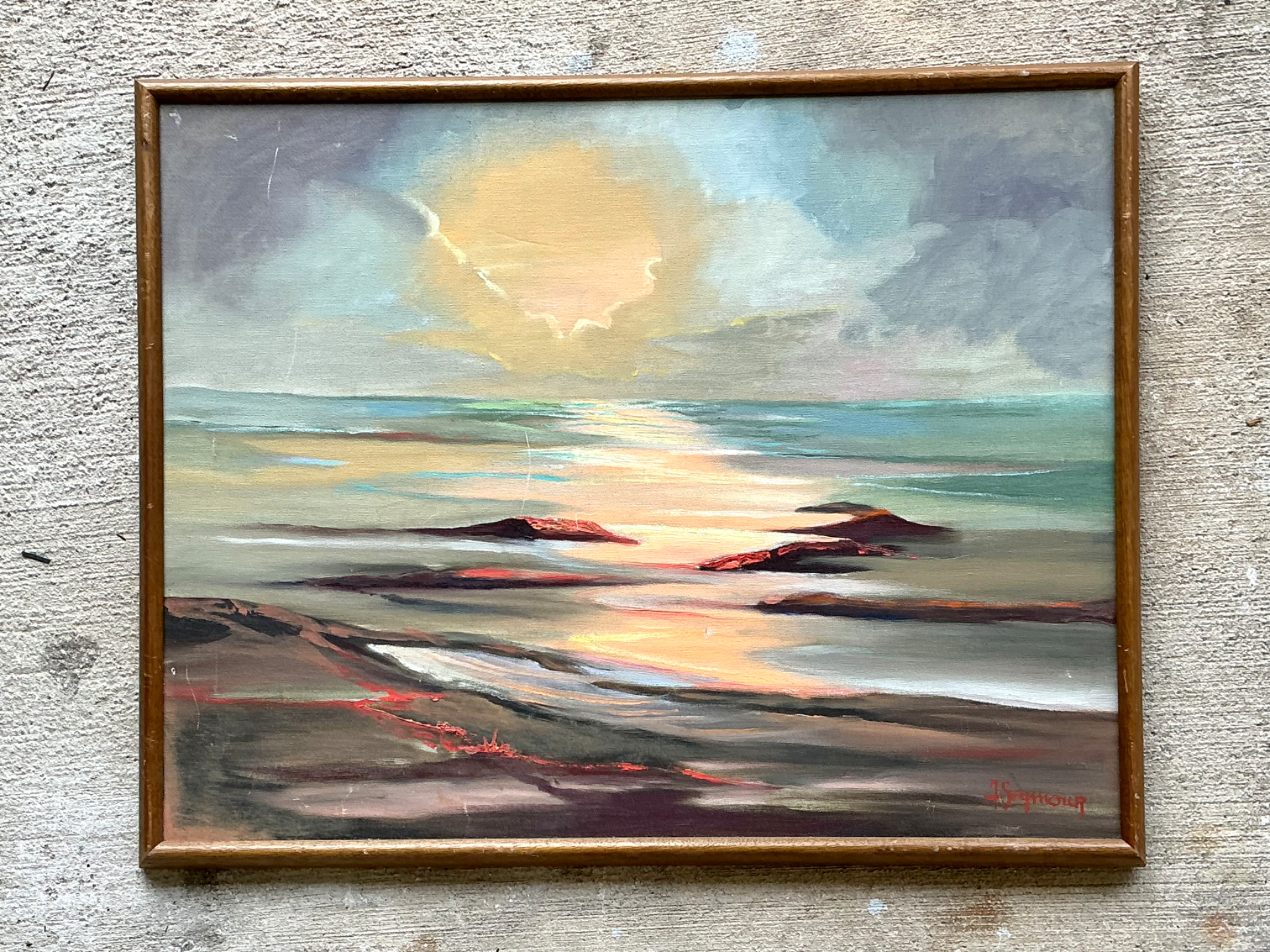 Vintage Framed Seascape Oil Painting - Back view