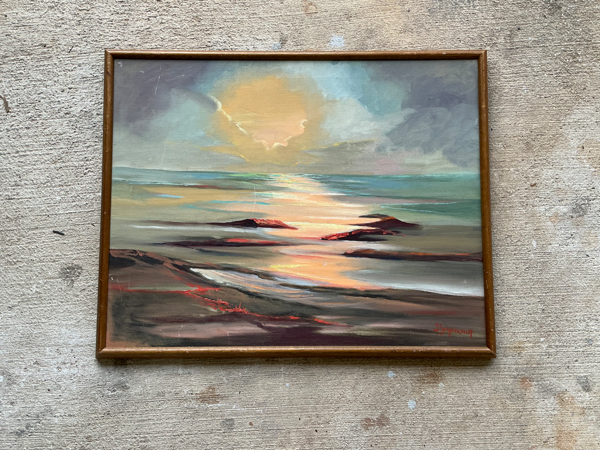 Vintage Framed Seascape Oil Painting - Top view