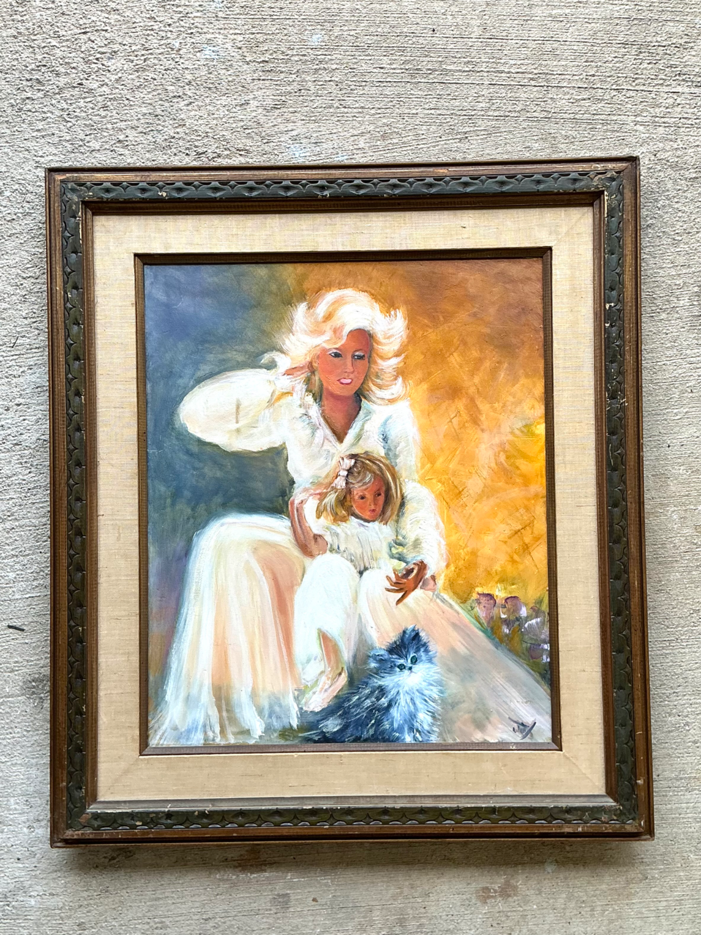 Vintage Mother and Child Oil Painting - Back view