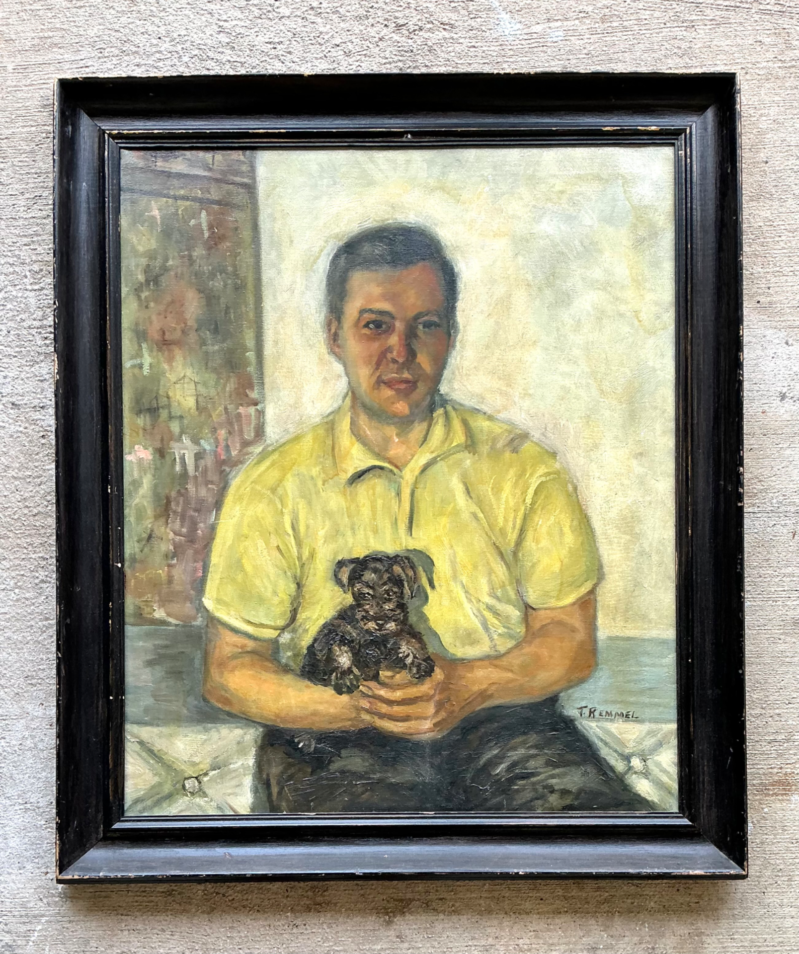 Vintage Figurative Man and Dog Oil Painting - Back view