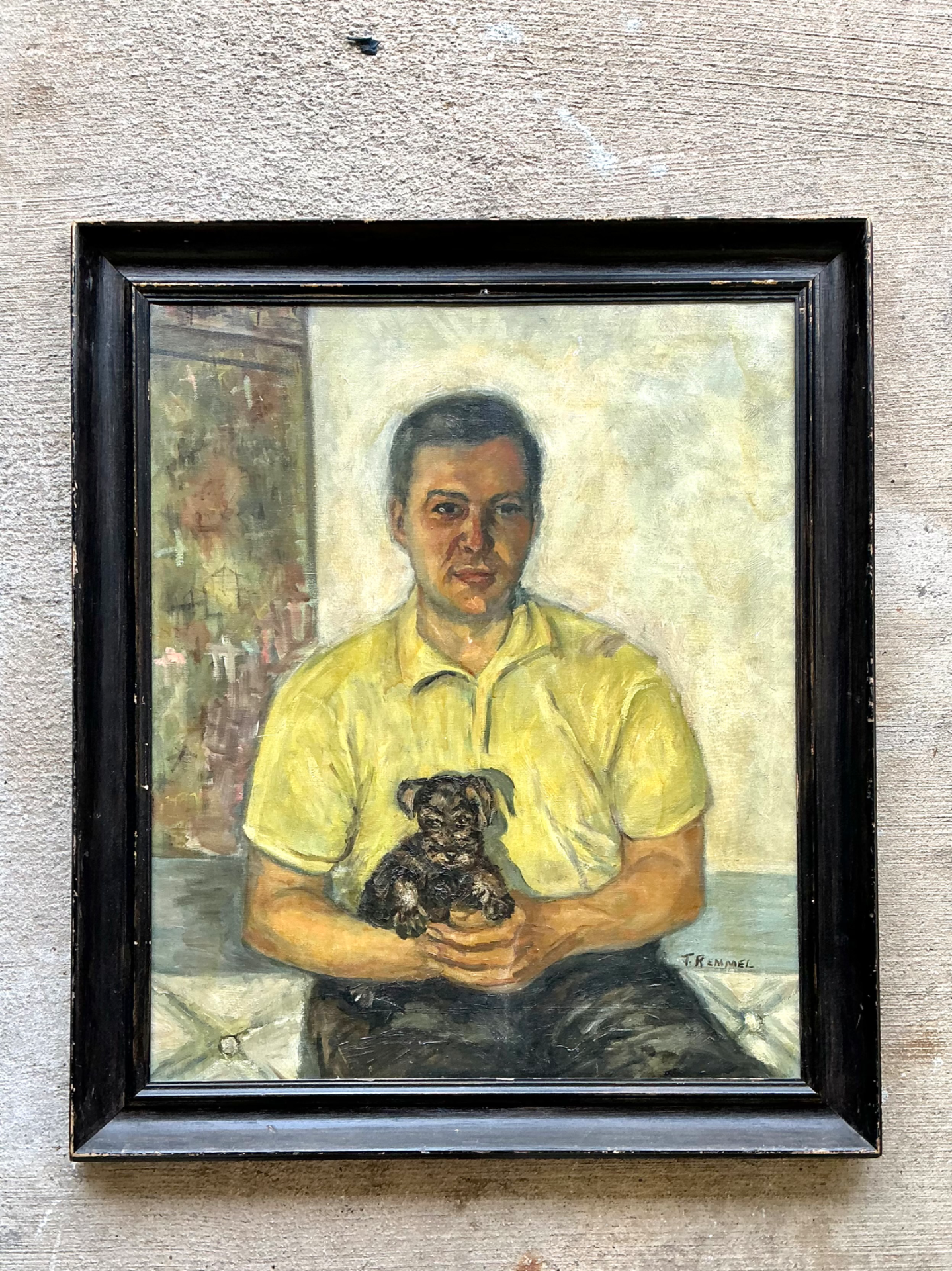 Vintage Figurative Man and Dog Oil Painting - Detail view