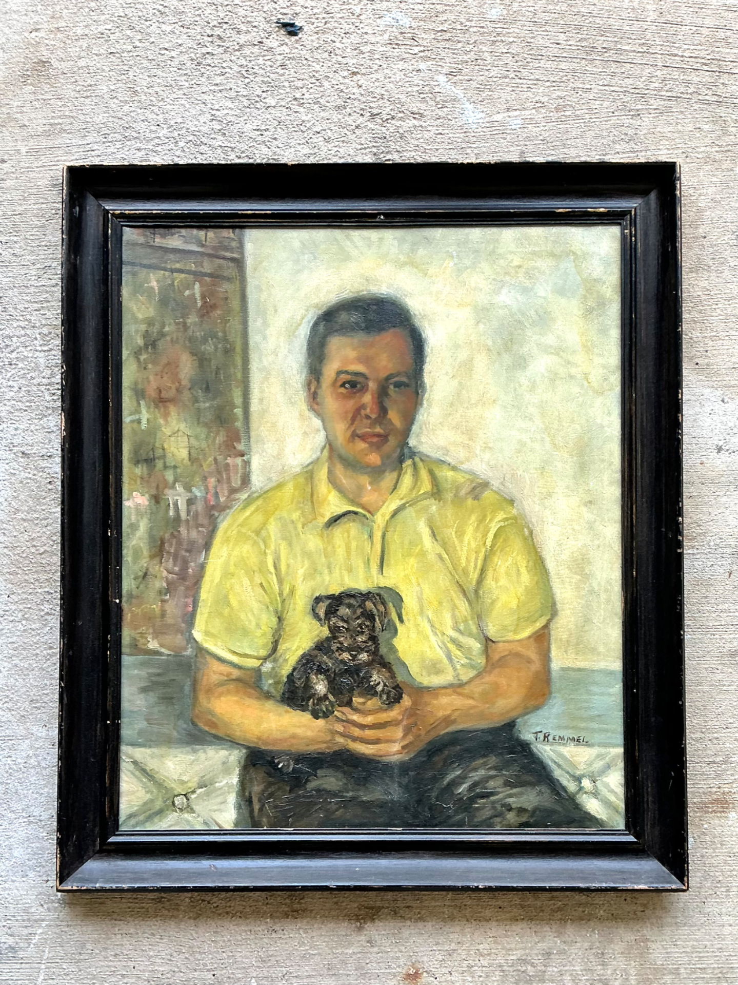 Vintage Figurative Man and Dog Oil Painting - Top view