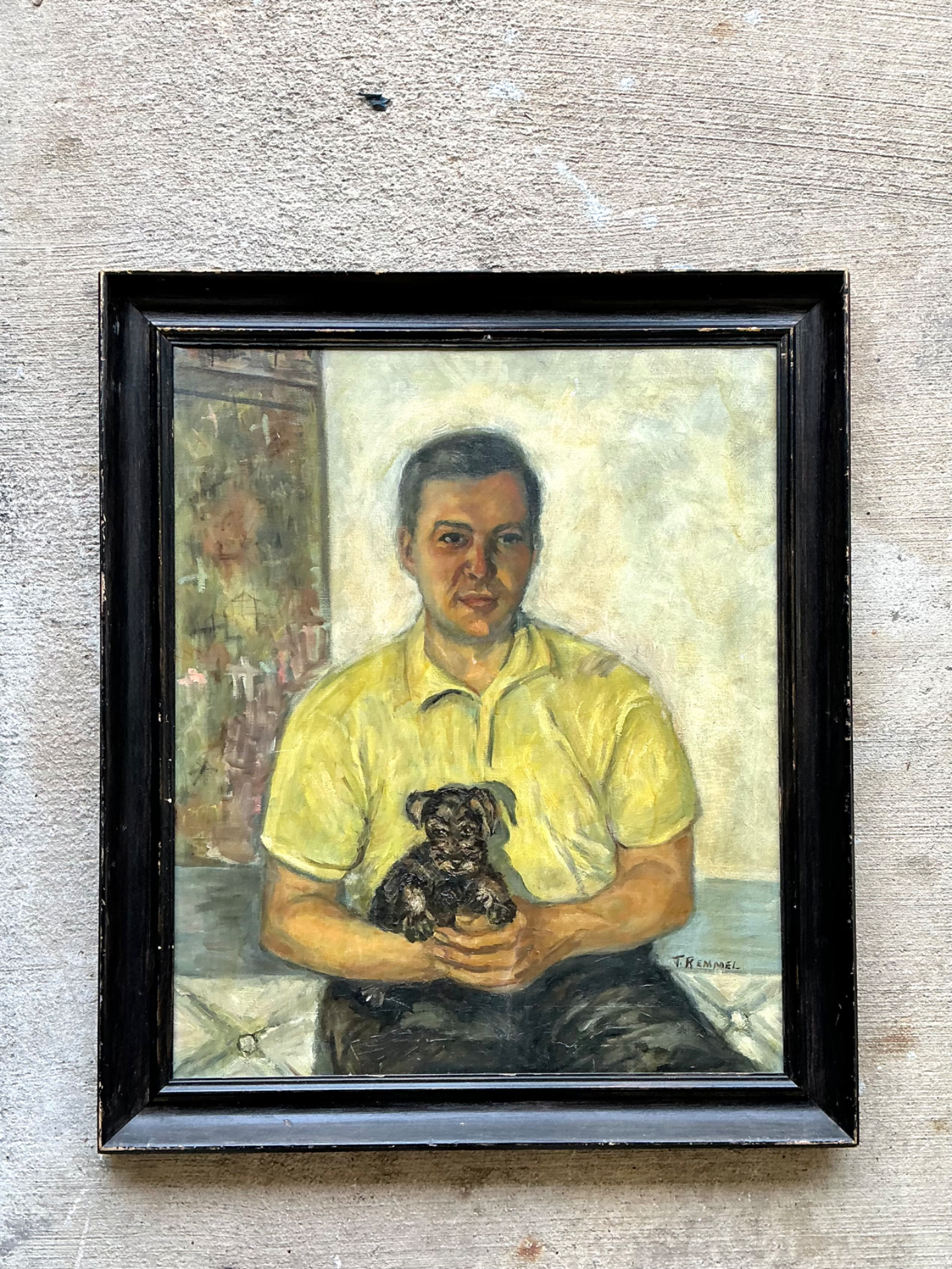 Vintage Figurative Man and Dog Oil Painting - Side view