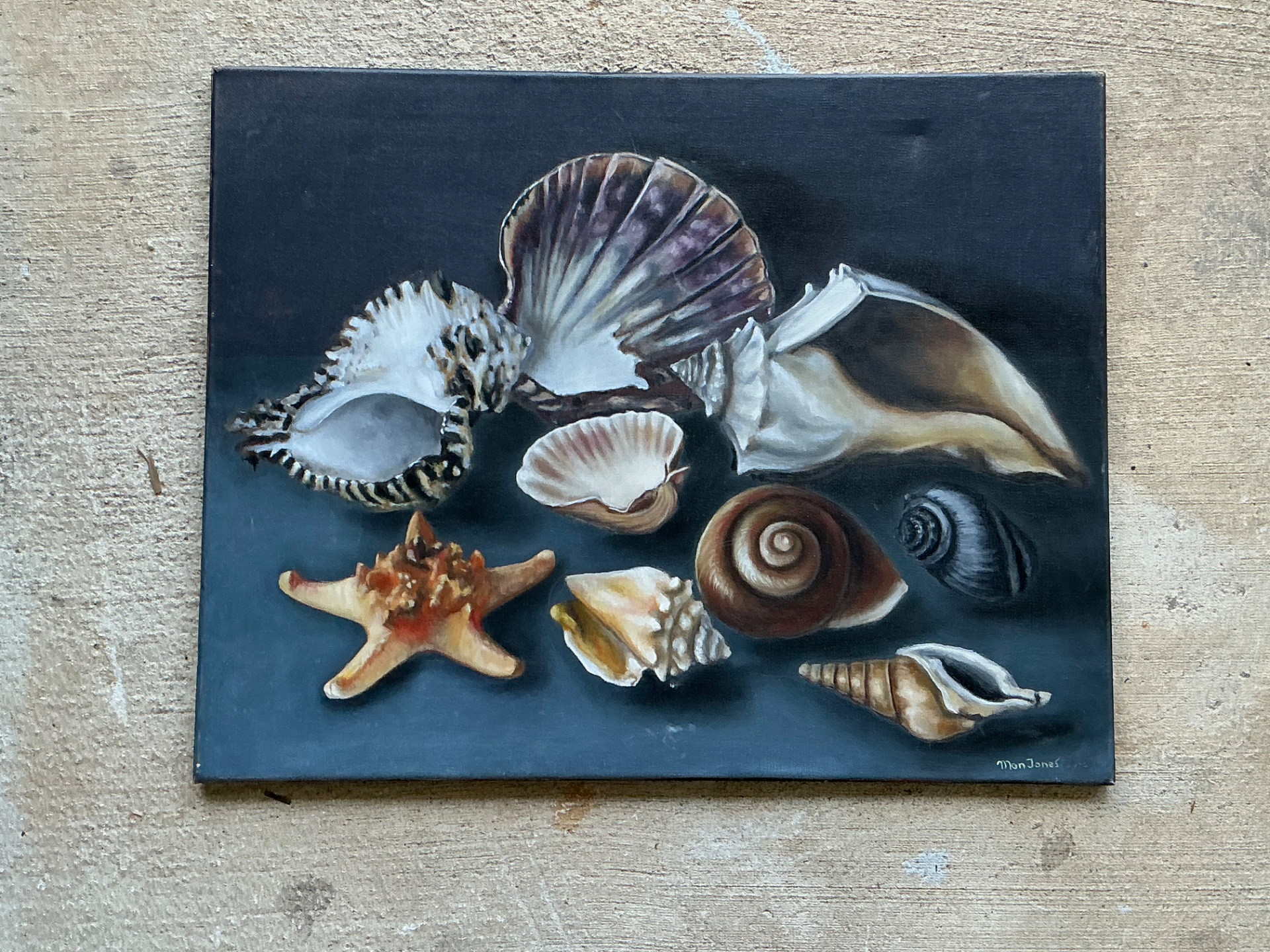 Vintage Mon Jones Shell Still Life Oil Painting - Detail view