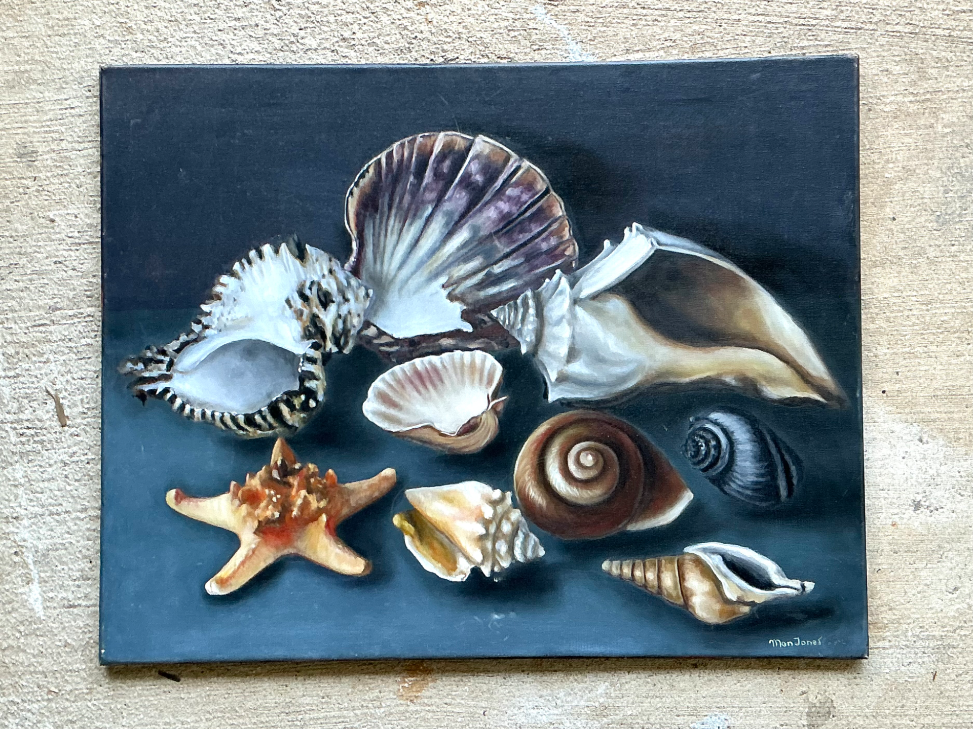 Vintage Mon Jones Shell Still Life Oil Painting - Back view