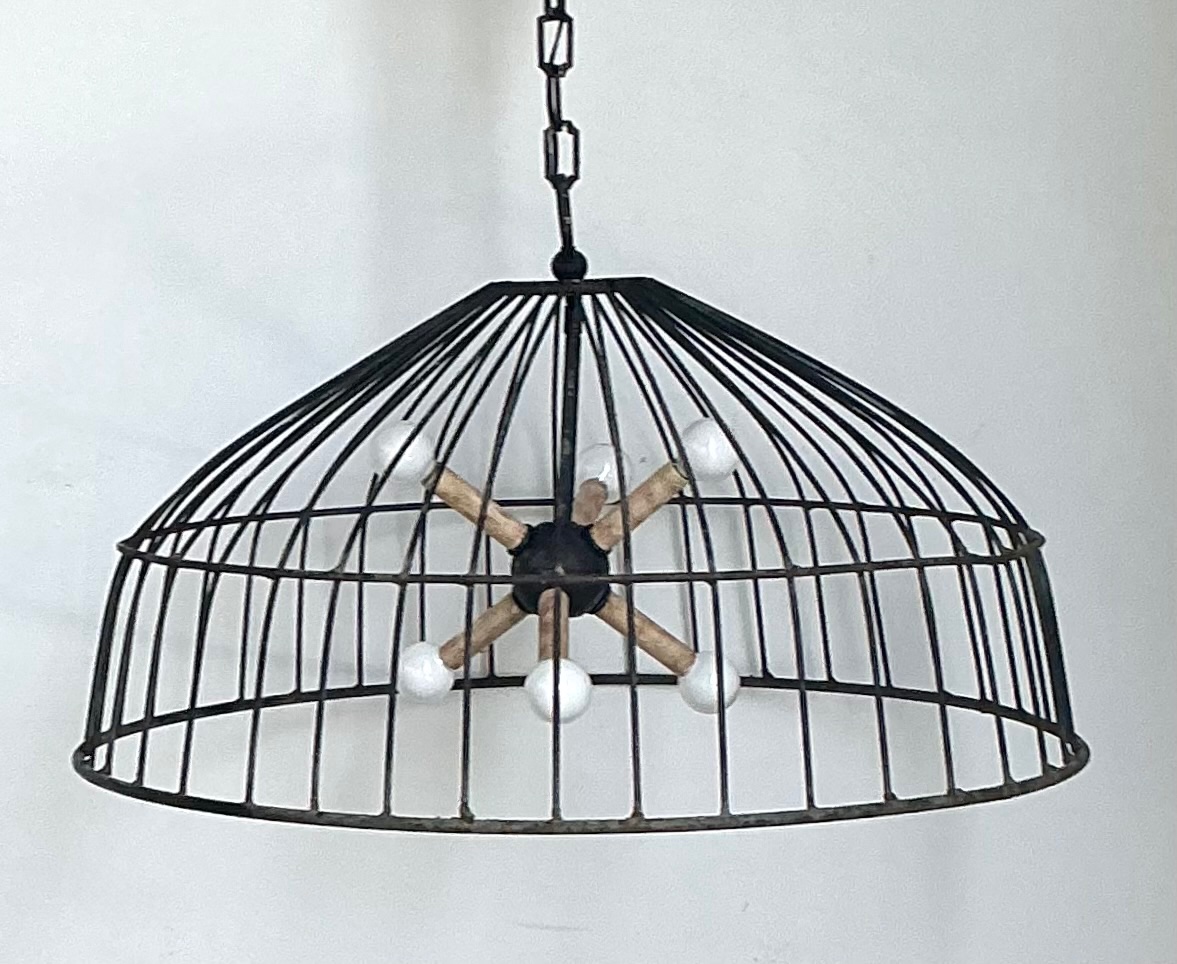 Vintage Monumental Industrial Metal Cage Pendant Light - Detail view