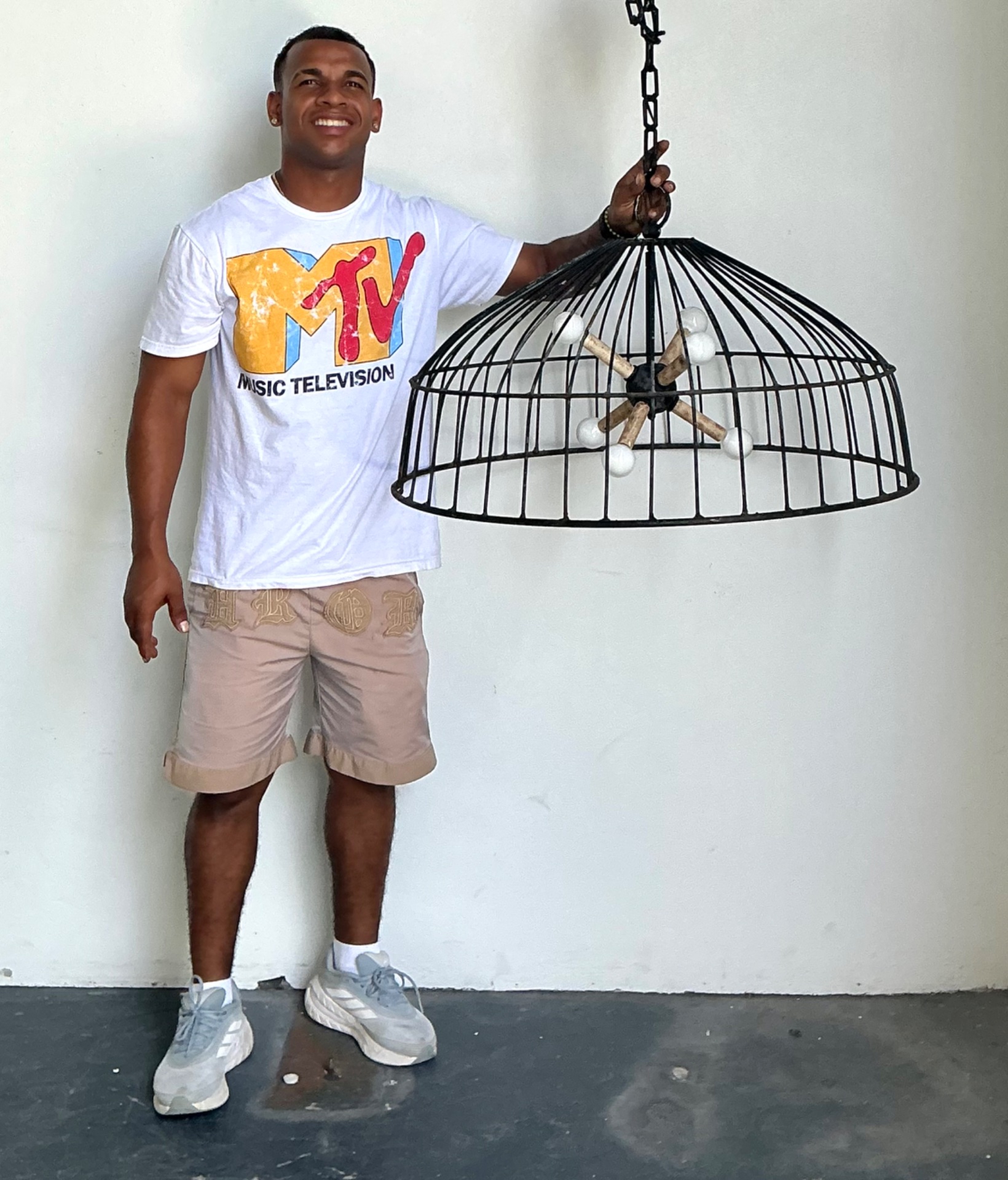 Vintage Monumental Industrial Metal Cage Pendant Light - Back view