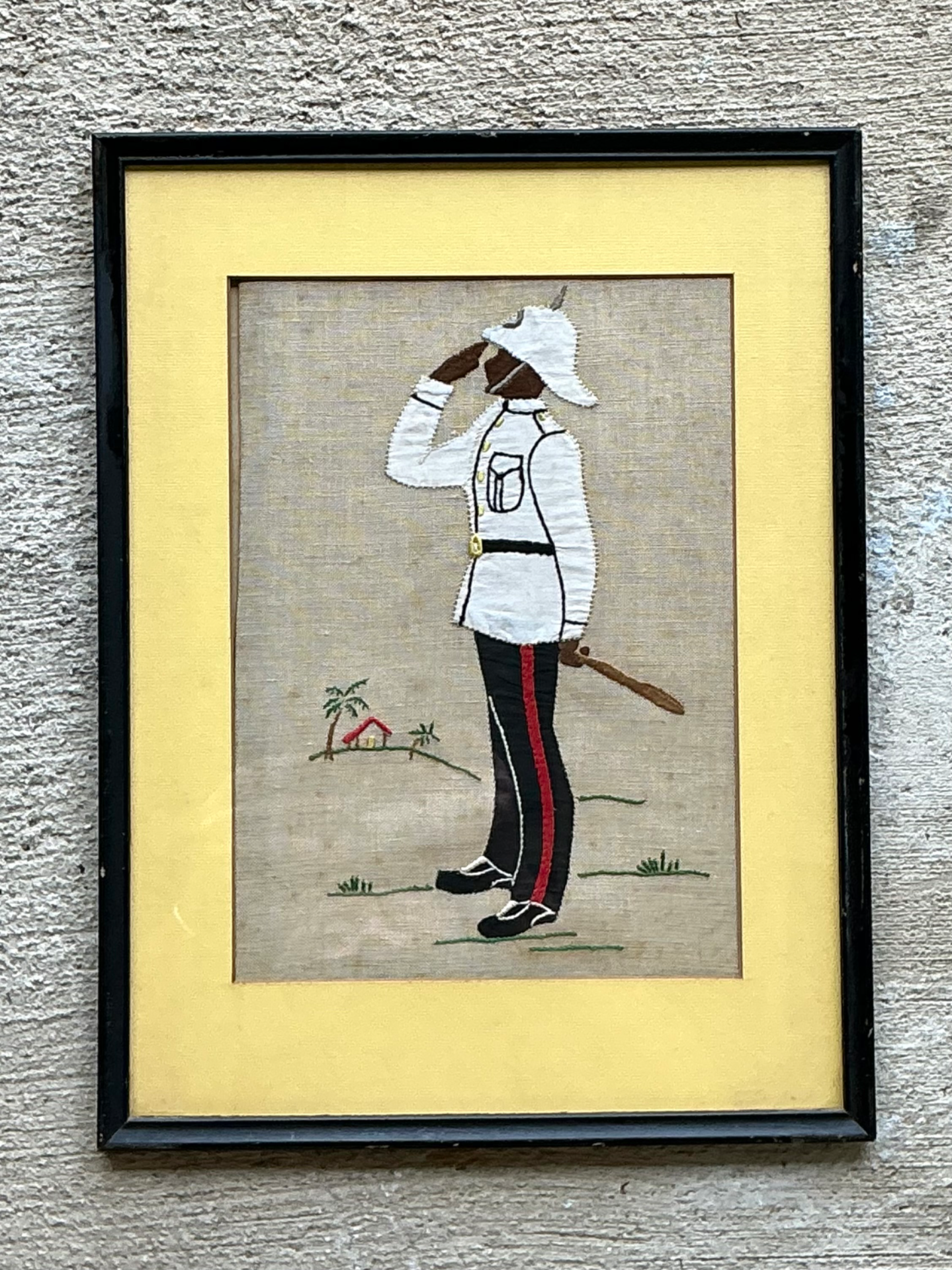 Vintage Framed Soldier Embroidery Art - Detail view