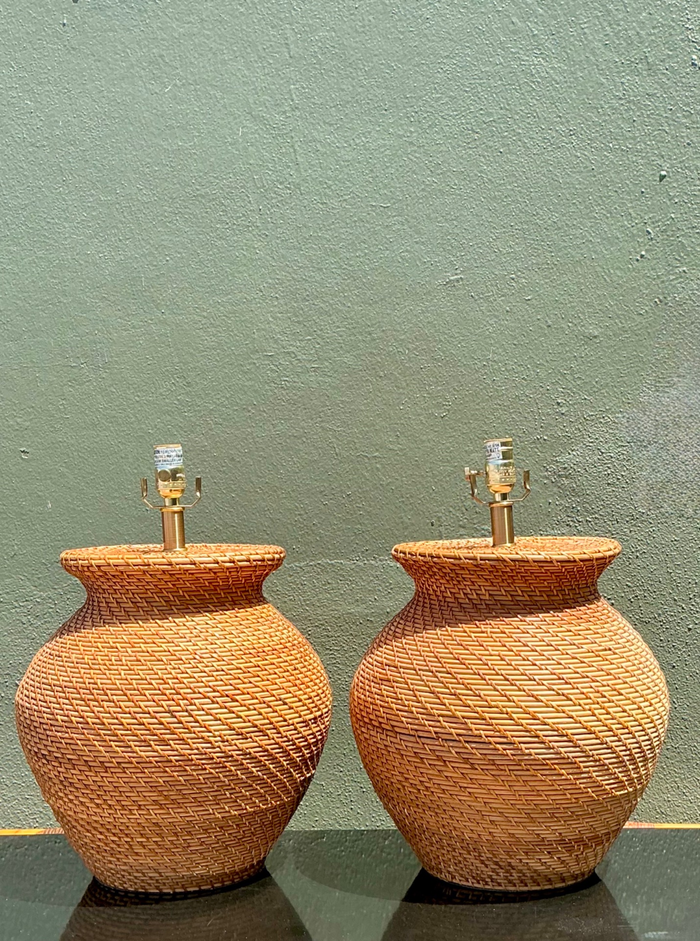 Vintage Ralph Lauren Woven Rattan Table Lamps - A Pair - Back view