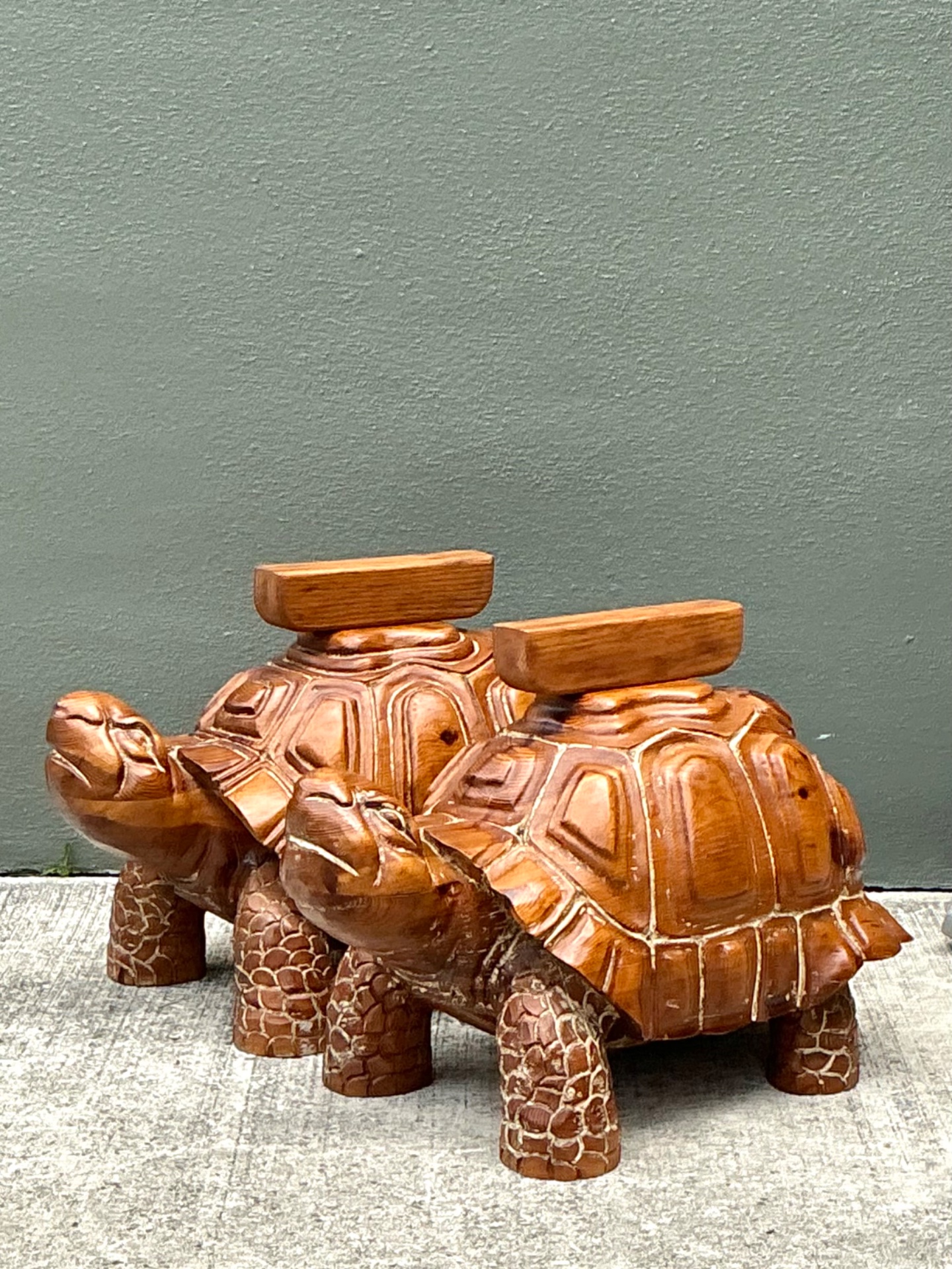Vintage Carved Wood Turtle Coffee Table Pedestal - Side view