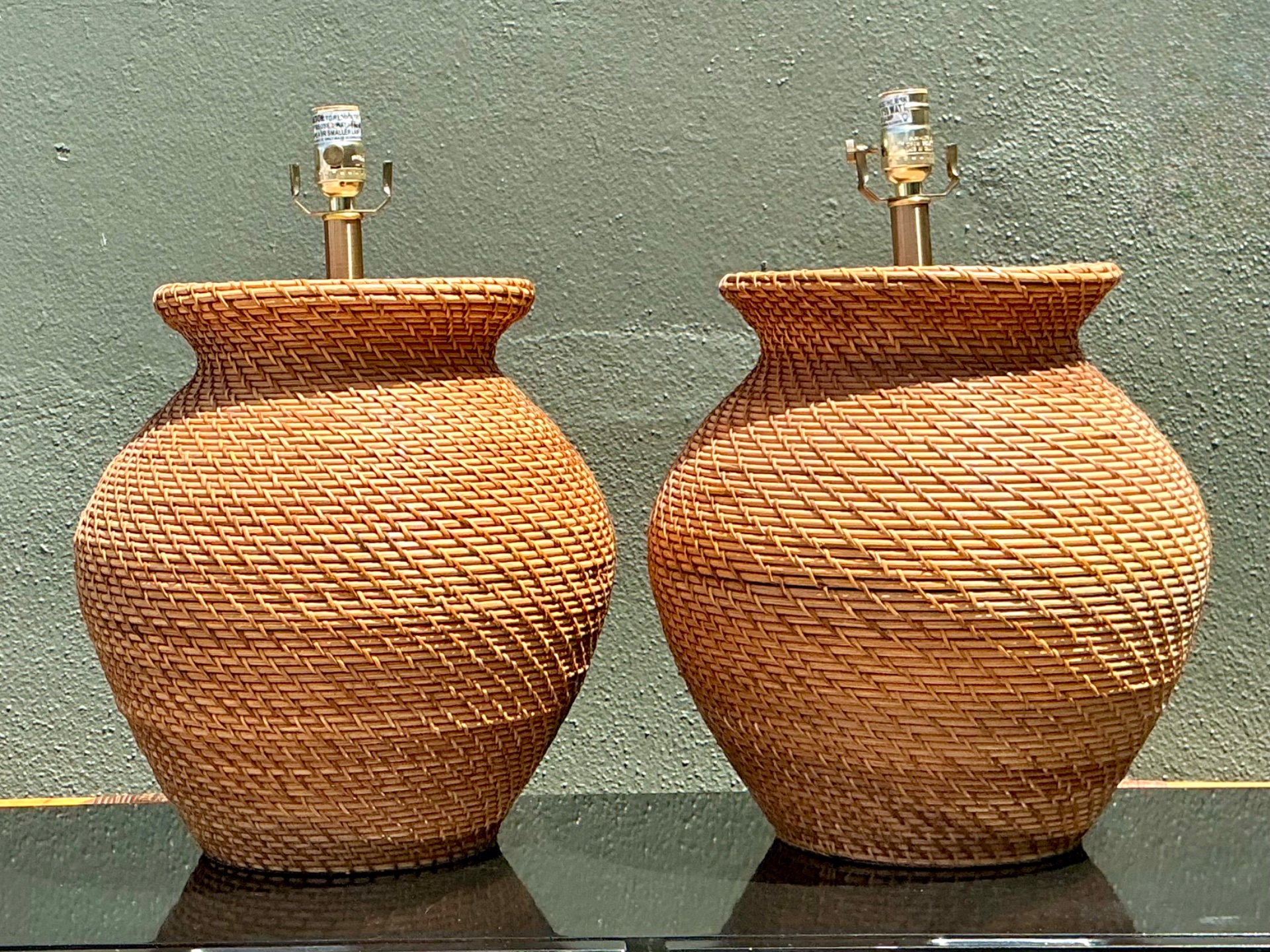 Vintage Ralph Lauren Woven Rattan Table Lamps - A Pair - Side view