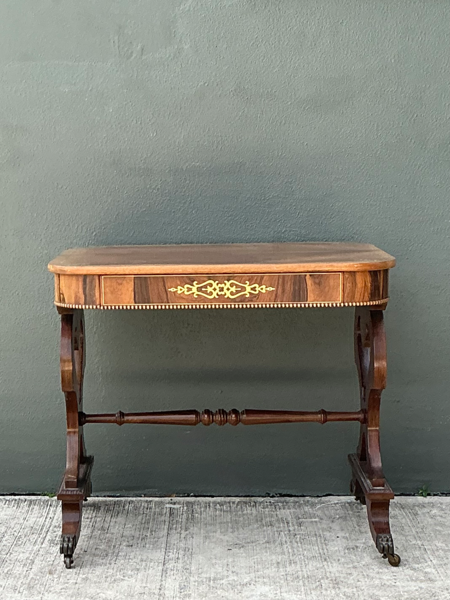 Vintage Wood and Brass Inlaid Side Table - Back view