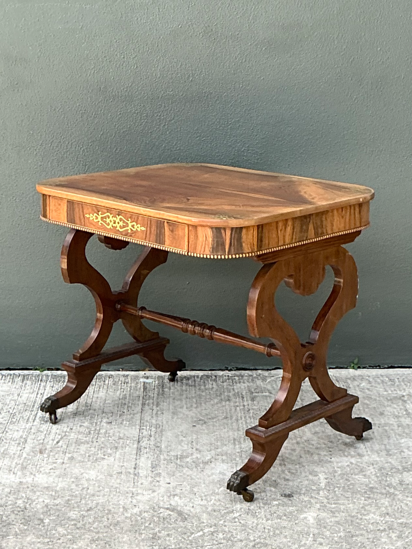 Vintage Wood and Brass Inlaid Side Table - Top view