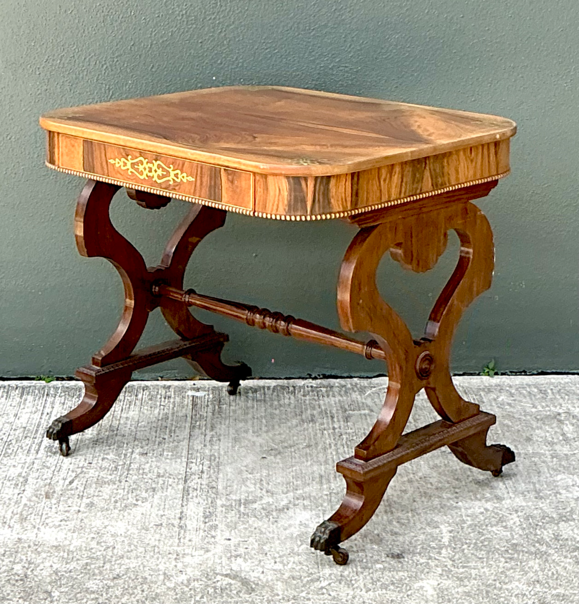 Vintage Wood and Brass Inlaid Side Table - Detail view