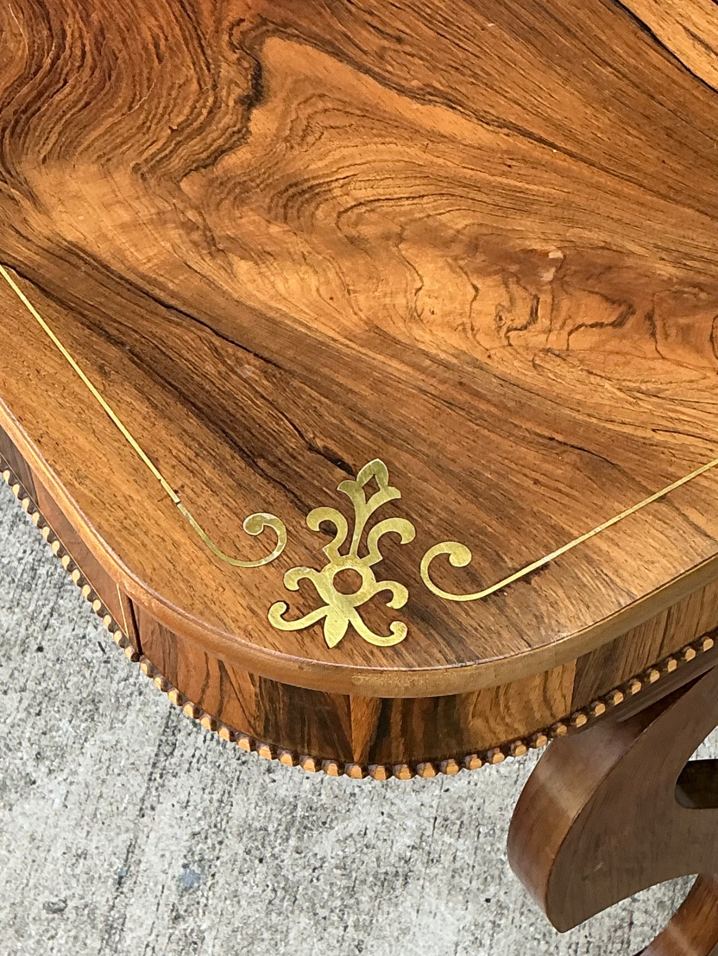 Vintage Wood and Brass Inlaid Side Table - Side view