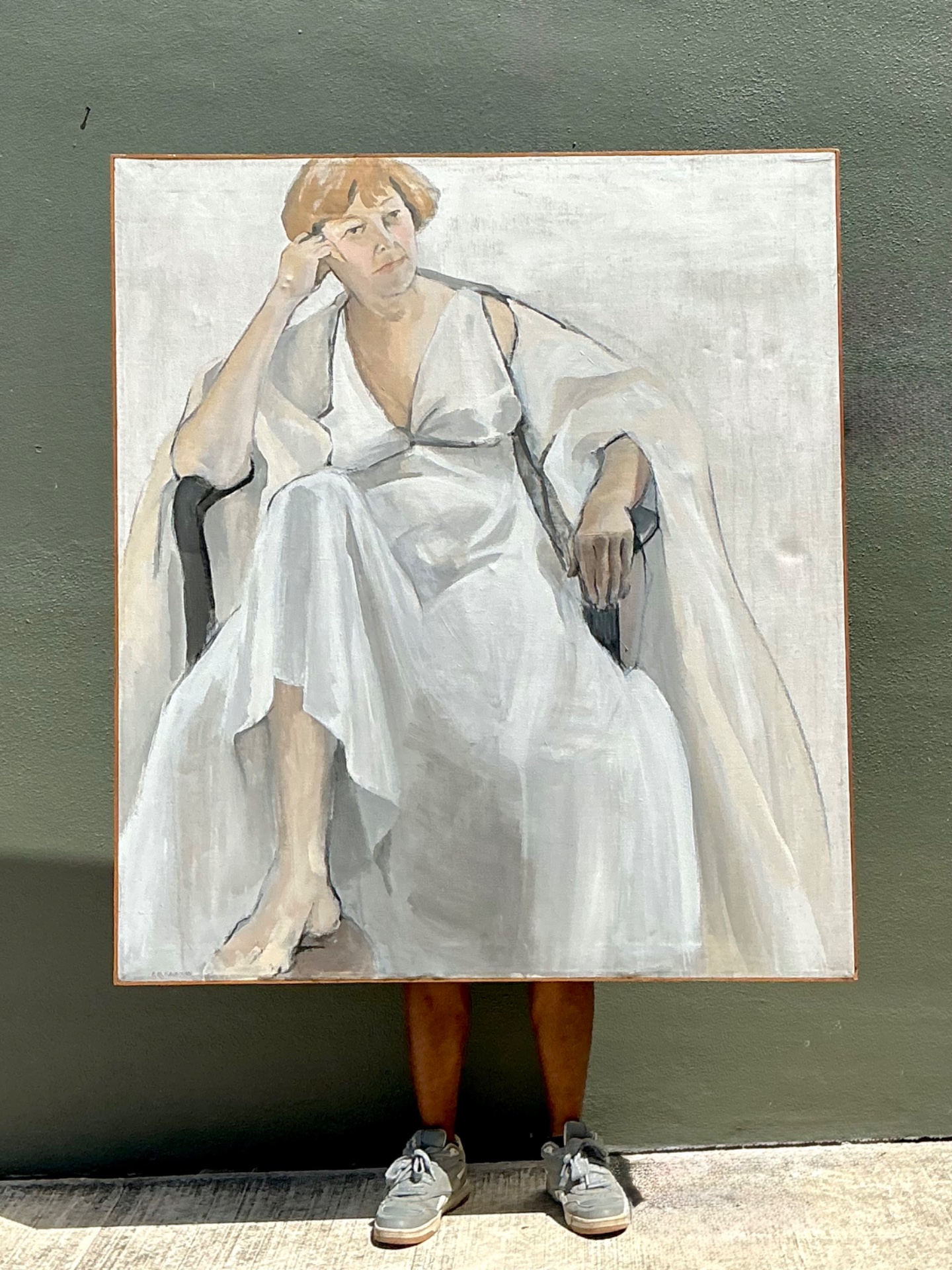 Vintage Portrait of Seated Woman Oil Painting - Side view