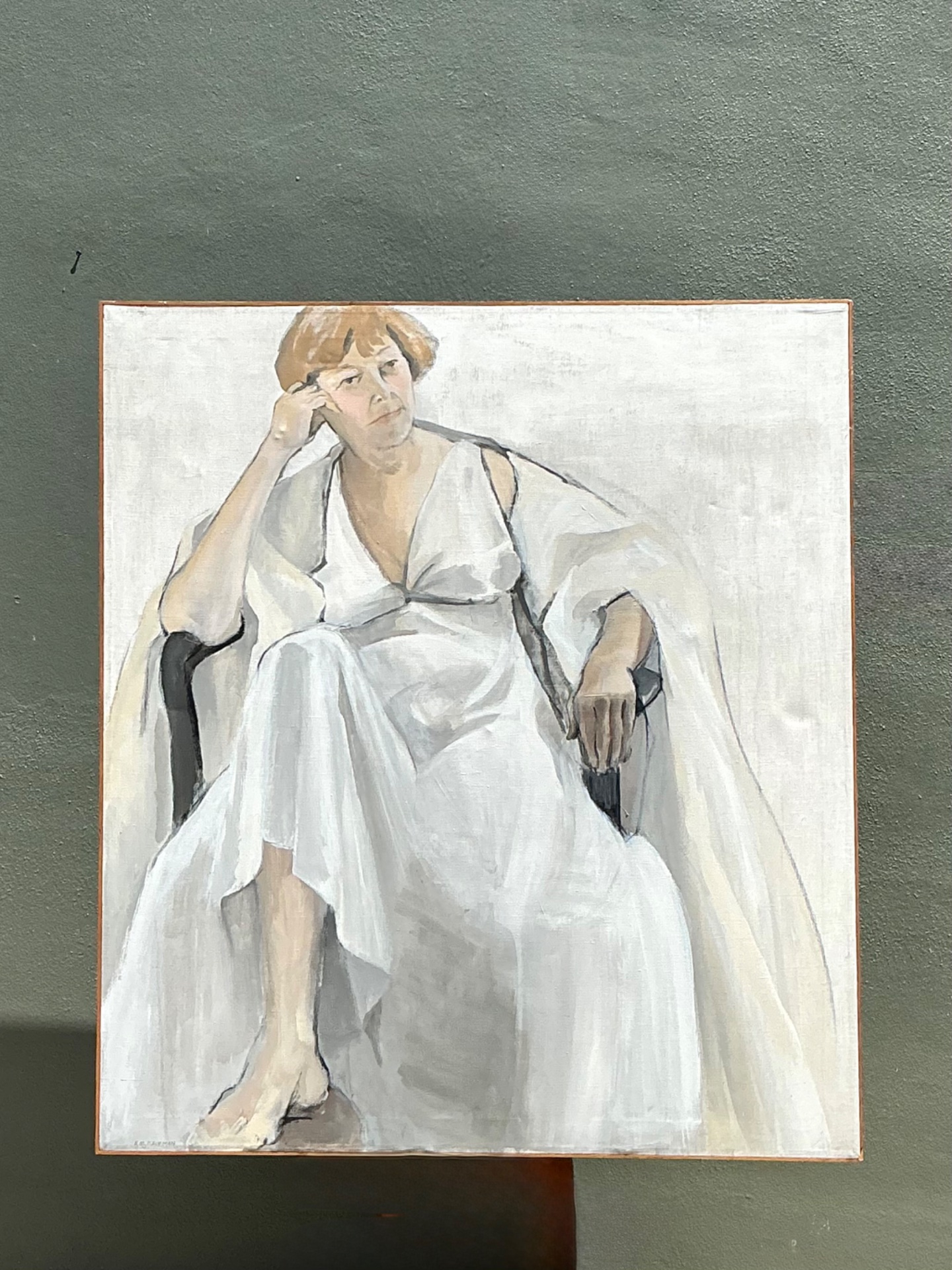 Vintage Portrait of Seated Woman Oil Painting - Back view