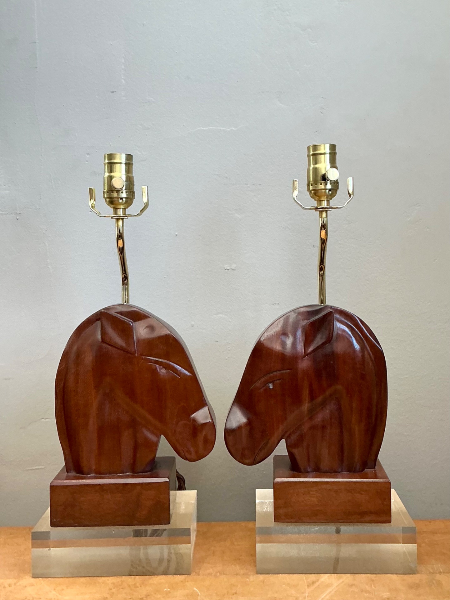 Vintage Carved Wood Horse Lamps on Lucite Base - A Pair - Top view