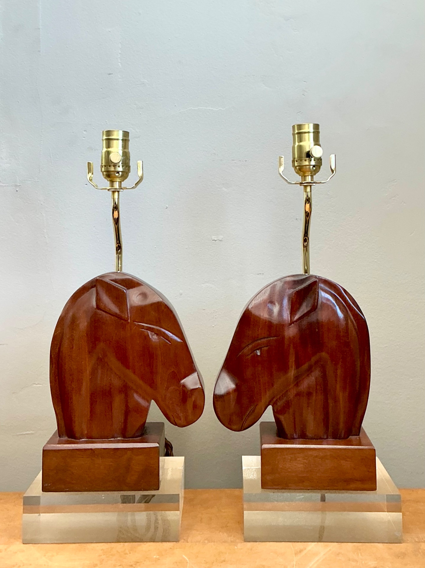 Vintage Carved Wood Horse Lamps on Lucite Base - A Pair - Side view
