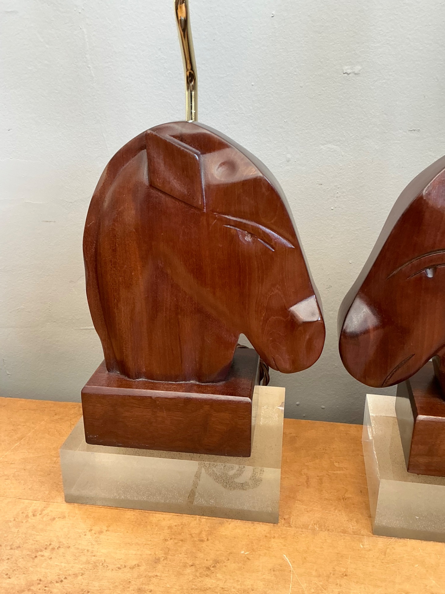 Vintage Carved Wood Horse Lamps on Lucite Base - A Pair - Side view
