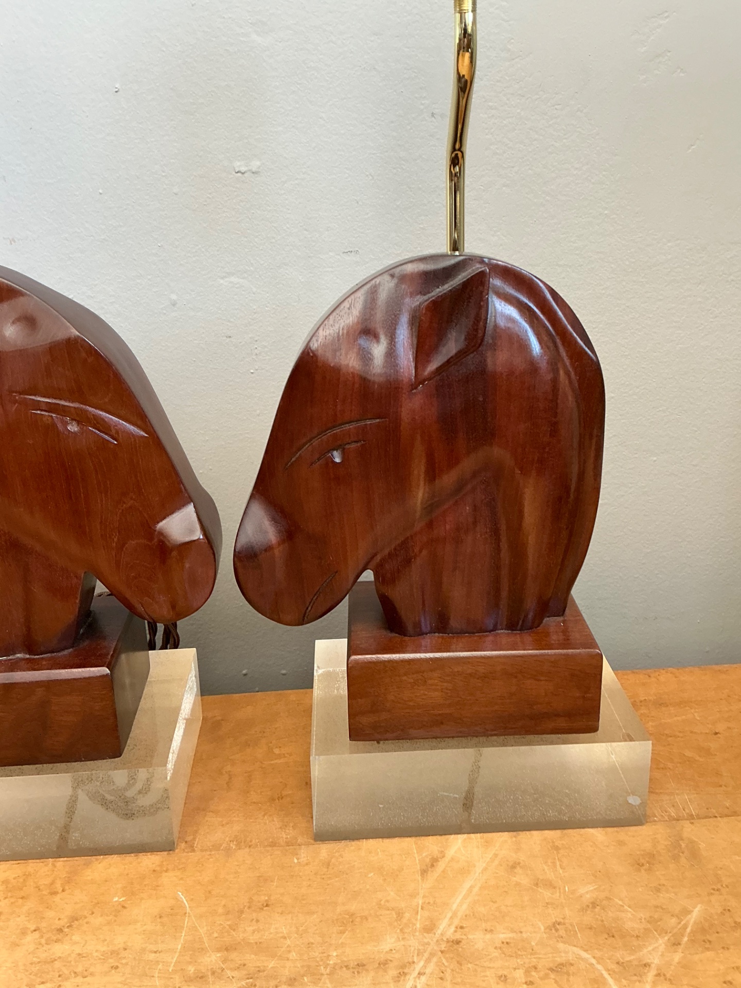 Vintage Carved Wood Horse Lamps on Lucite Base - A Pair - Back view