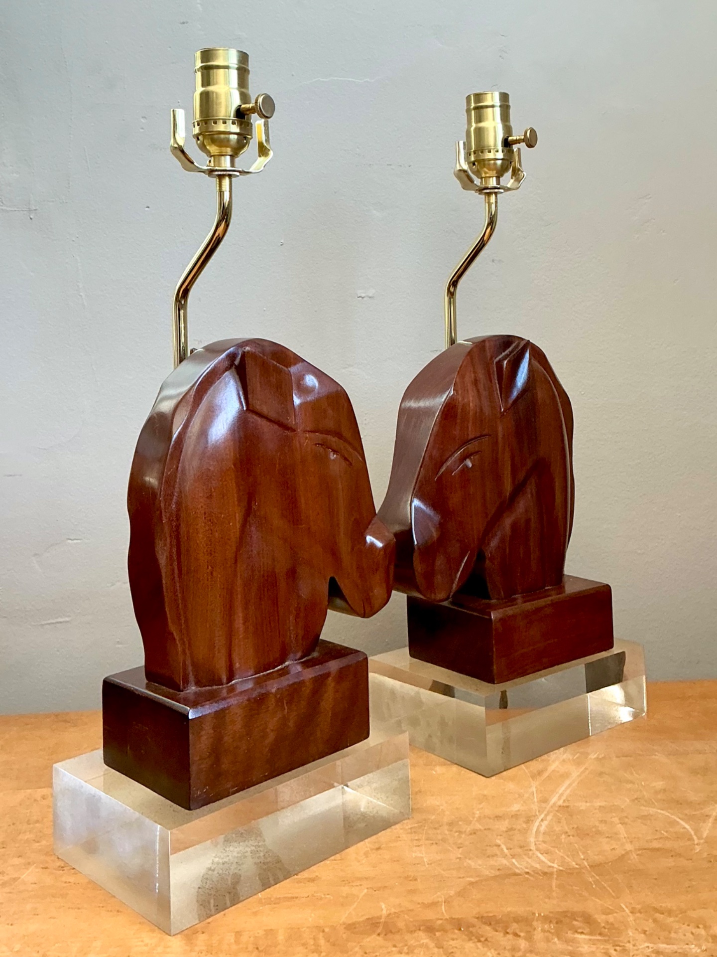 Vintage Carved Wood Horse Lamps on Lucite Base - A Pair - Detail view