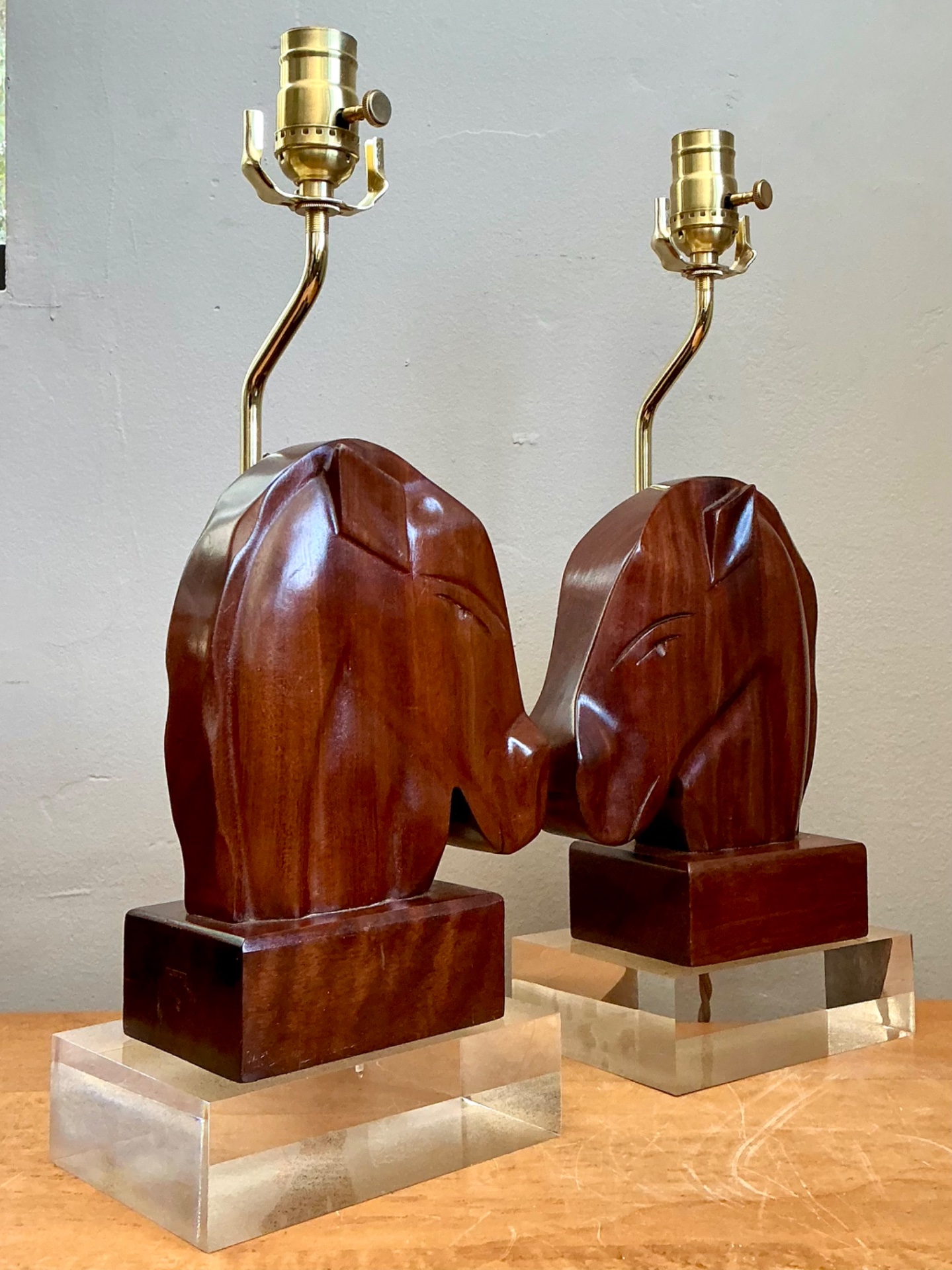 Vintage Carved Wood Horse Lamps on Lucite Base - A Pair - Back view