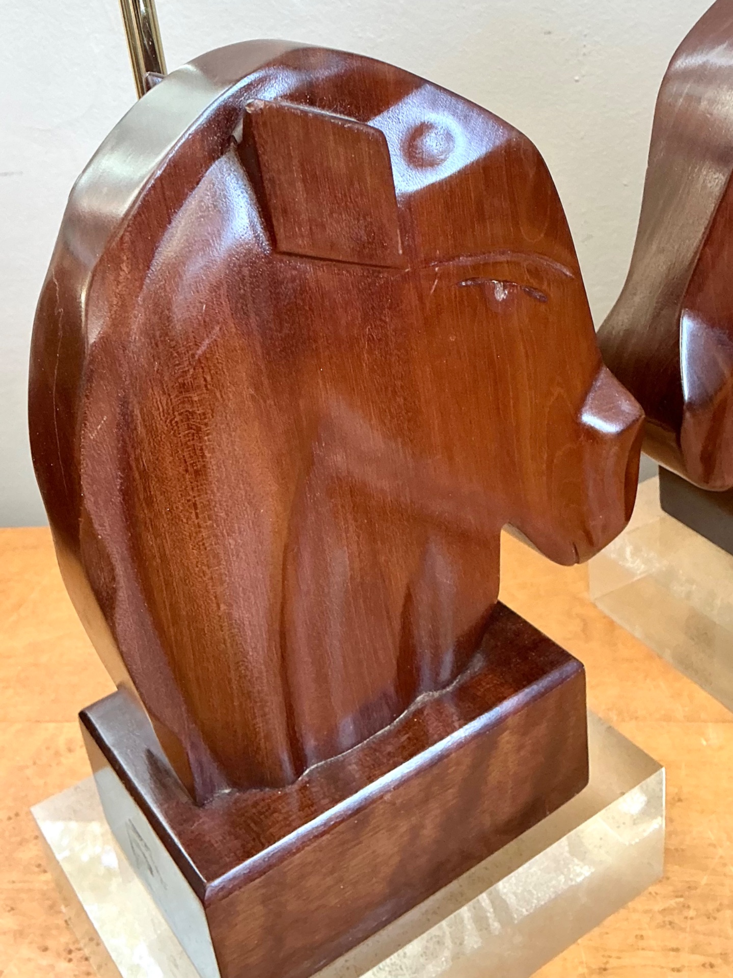 Vintage Carved Wood Horse Lamps on Lucite Base - A Pair - Top view