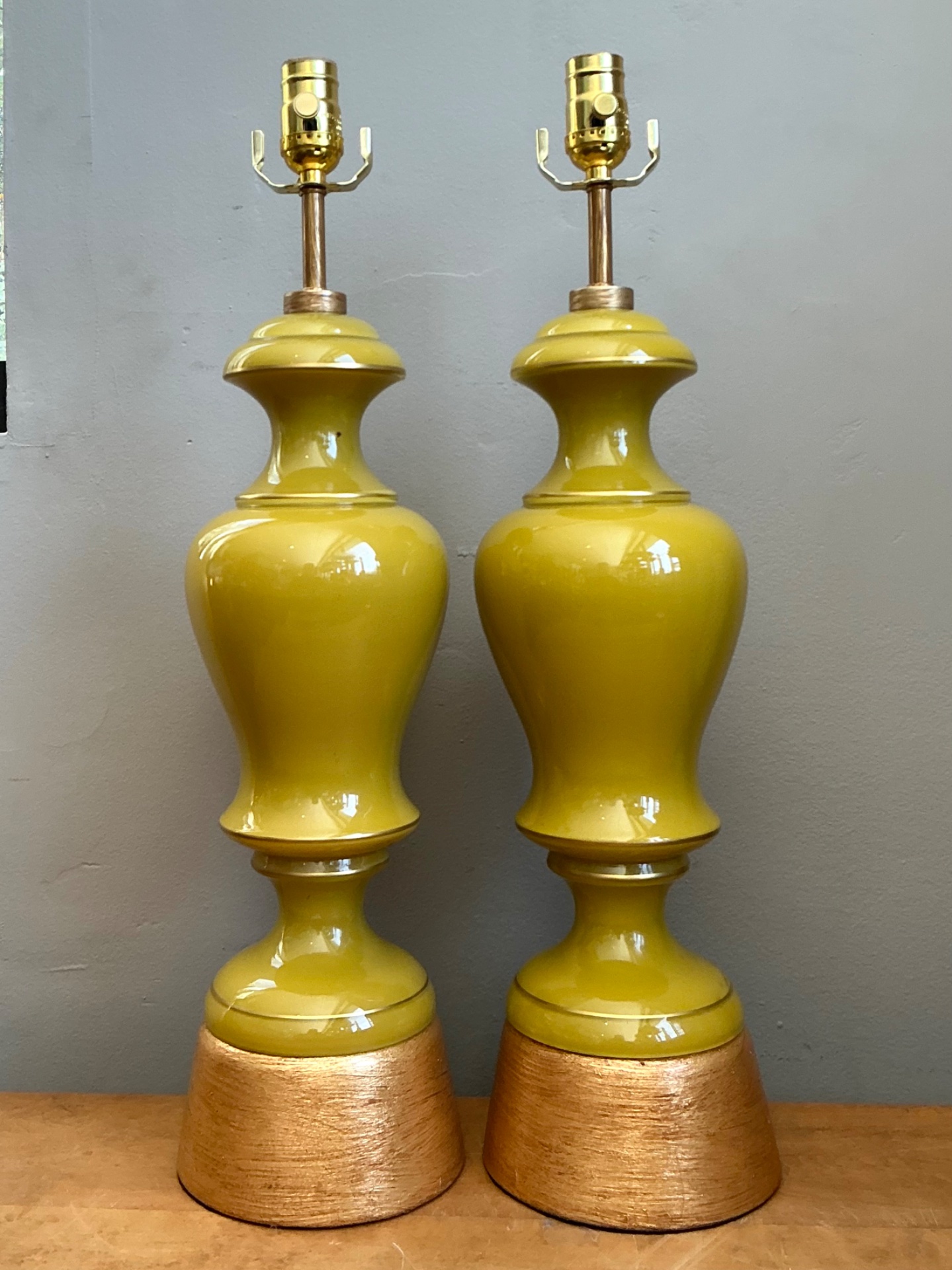 Vintage Gilt Tipped Painted Glass Lamps - A Pair - Side view