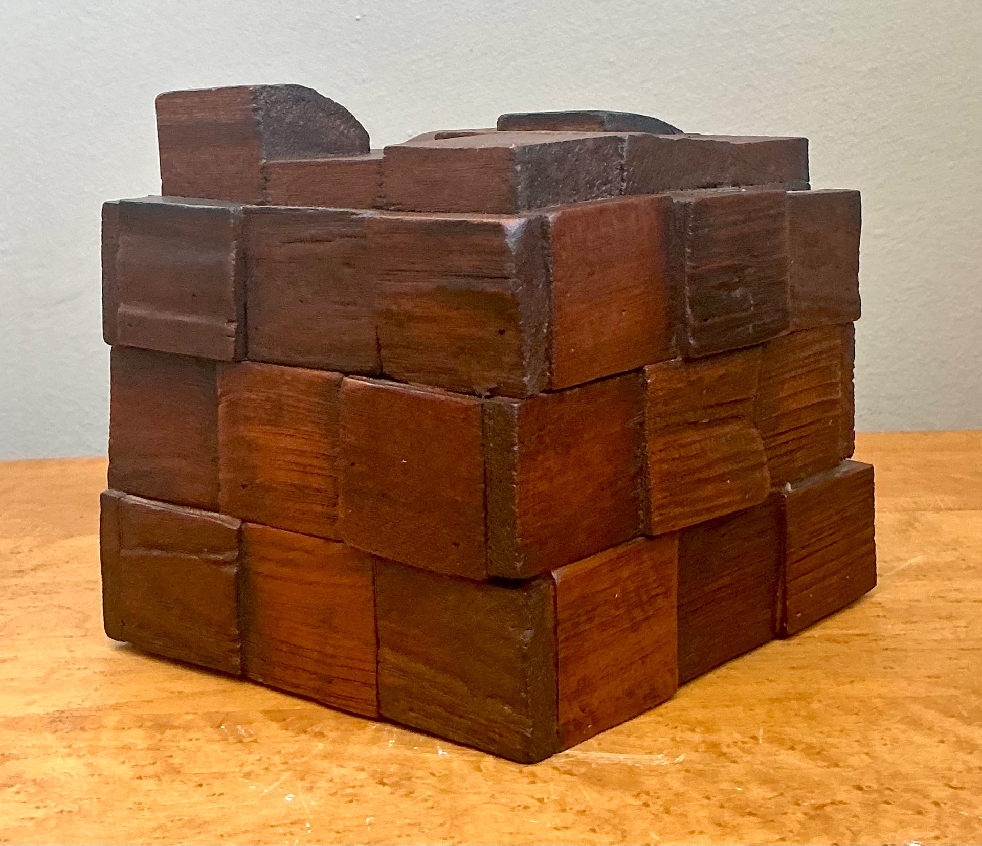 Vintage Brutalist Abstract Wood Tissue Box - Detail view