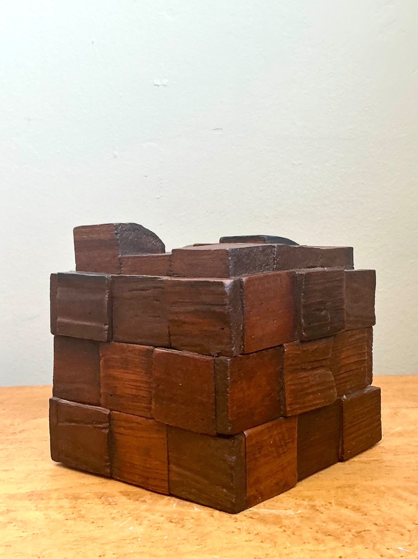 Vintage Brutalist Abstract Wood Tissue Box - Back view