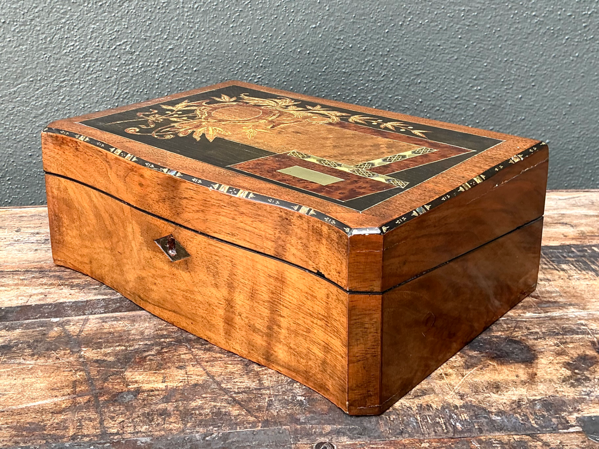 Vintage Wood Inlay Writing Desk With Inkwells - Side view
