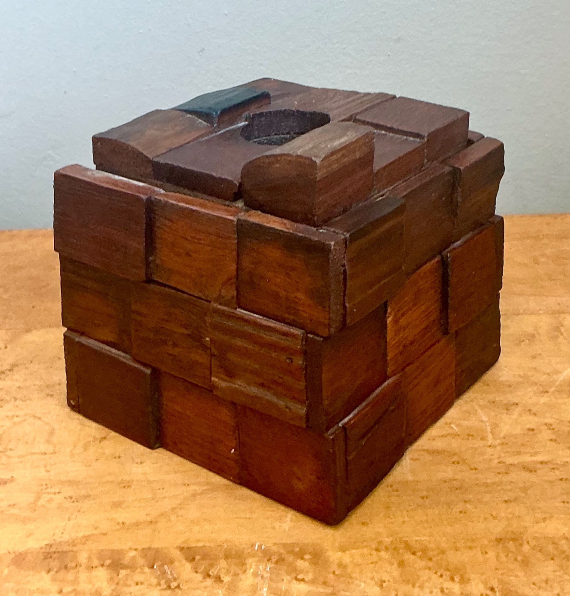 Vintage Brutalist Abstract Wood Tissue Box - Top view