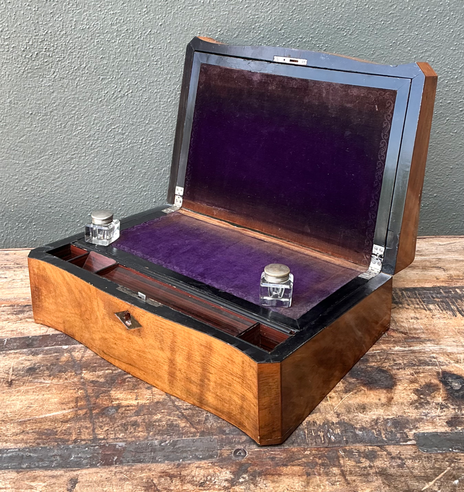 Vintage Wood Inlay Writing Desk With Inkwells - Back view