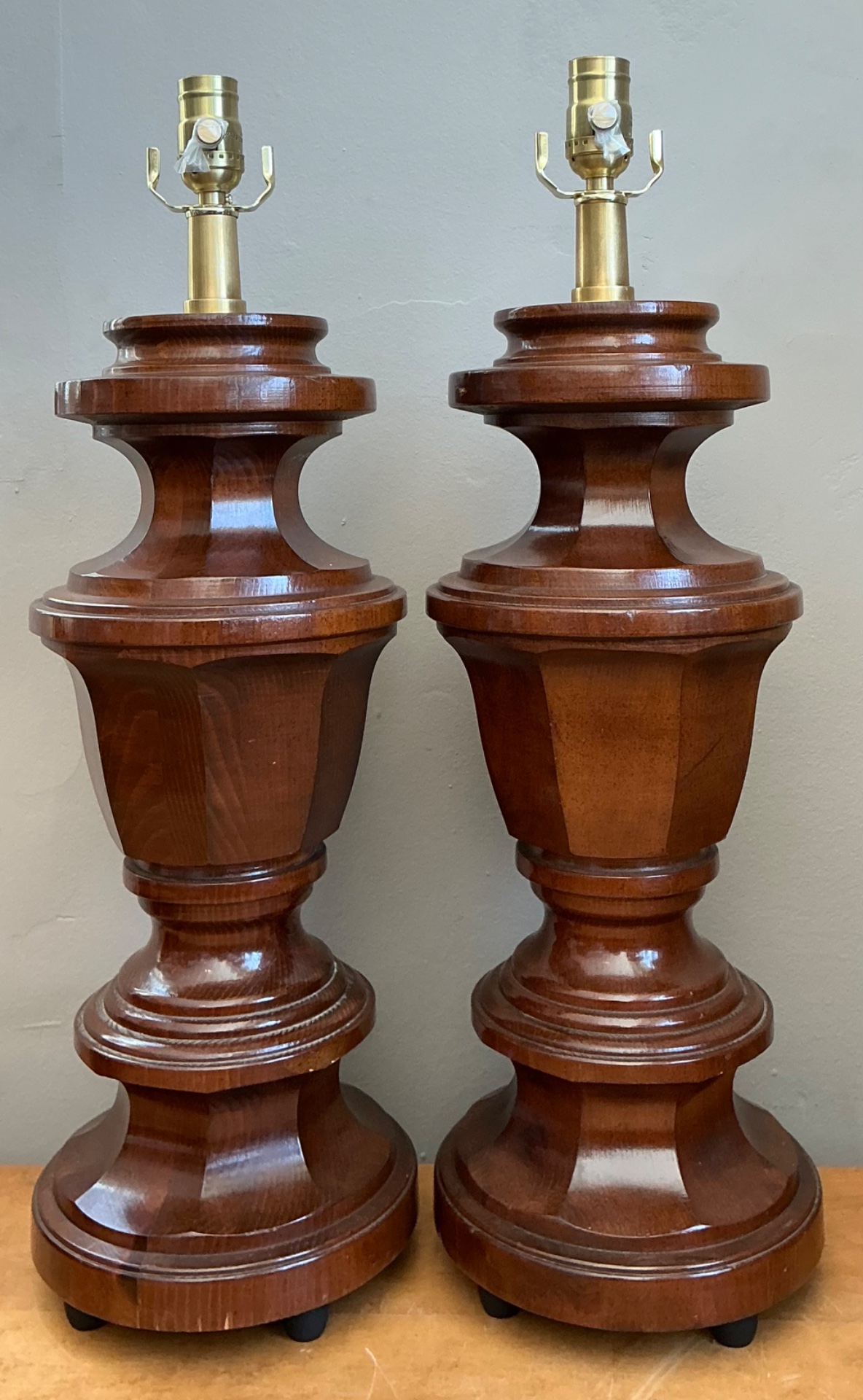 Vintage Faceted Wood Lamps - A Pair - Side view
