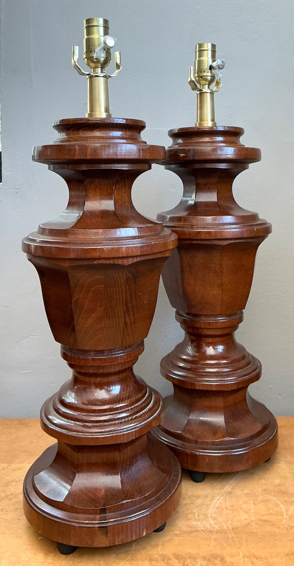 Vintage Faceted Wood Lamps - A Pair - Top view