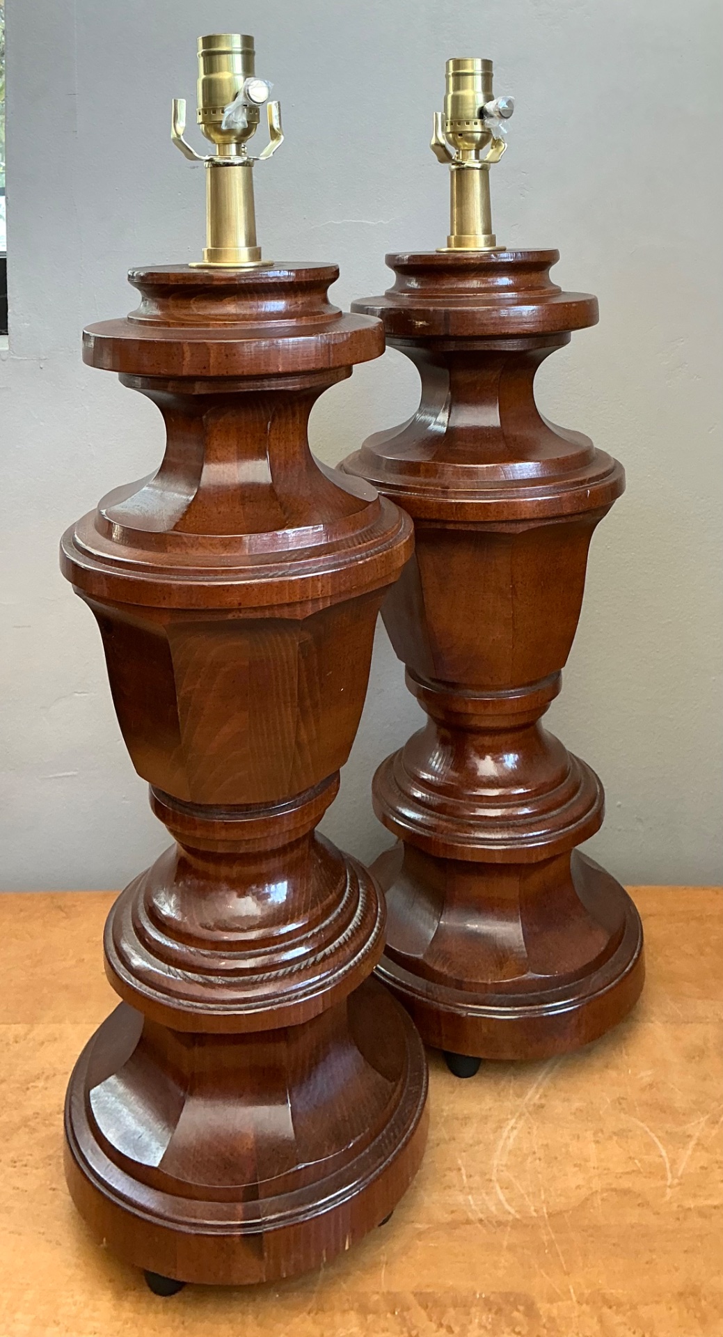 Vintage Faceted Wood Lamps - A Pair - Back view