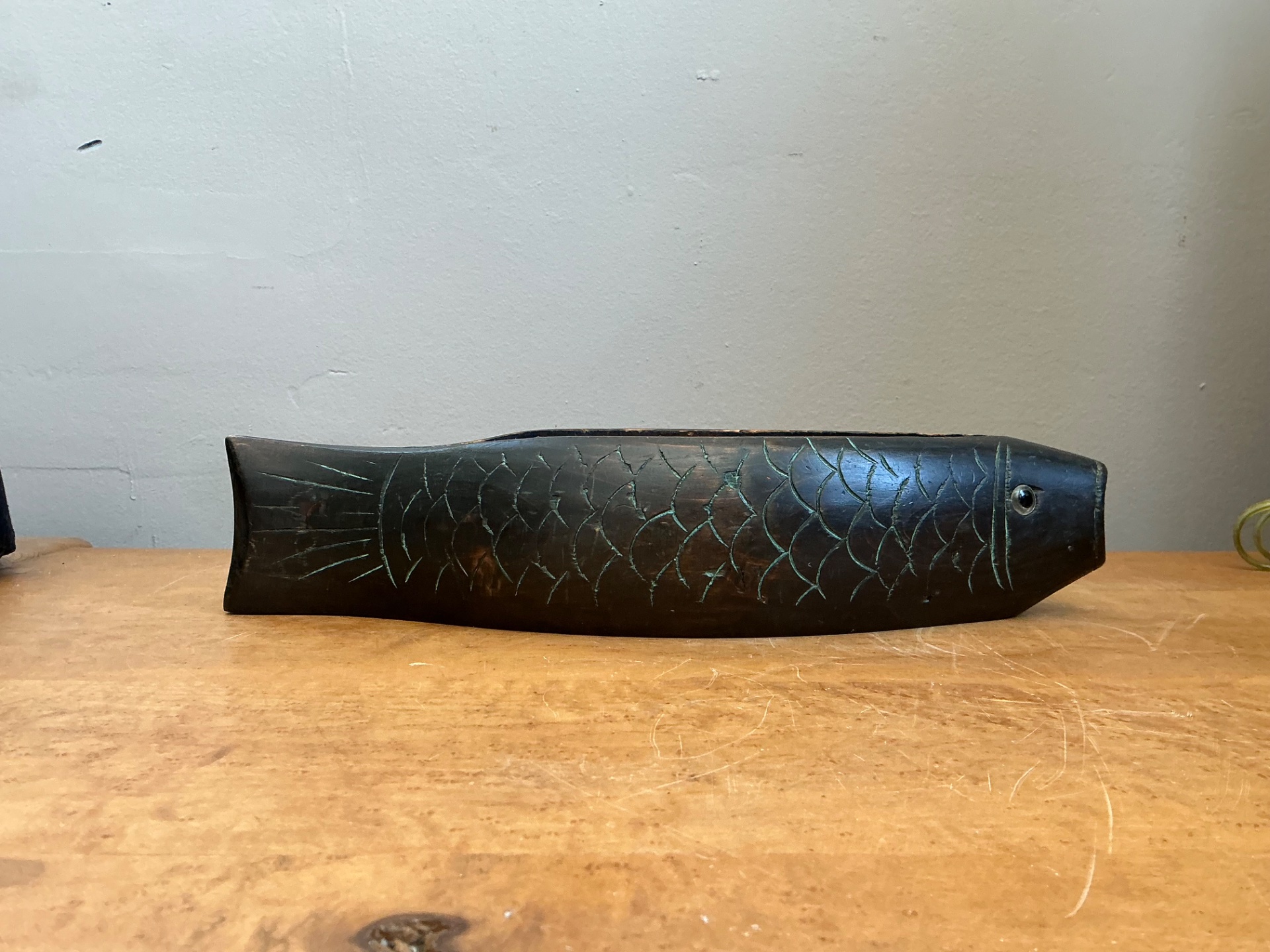 Vintage Carved Wood Fish Bowl - Side view