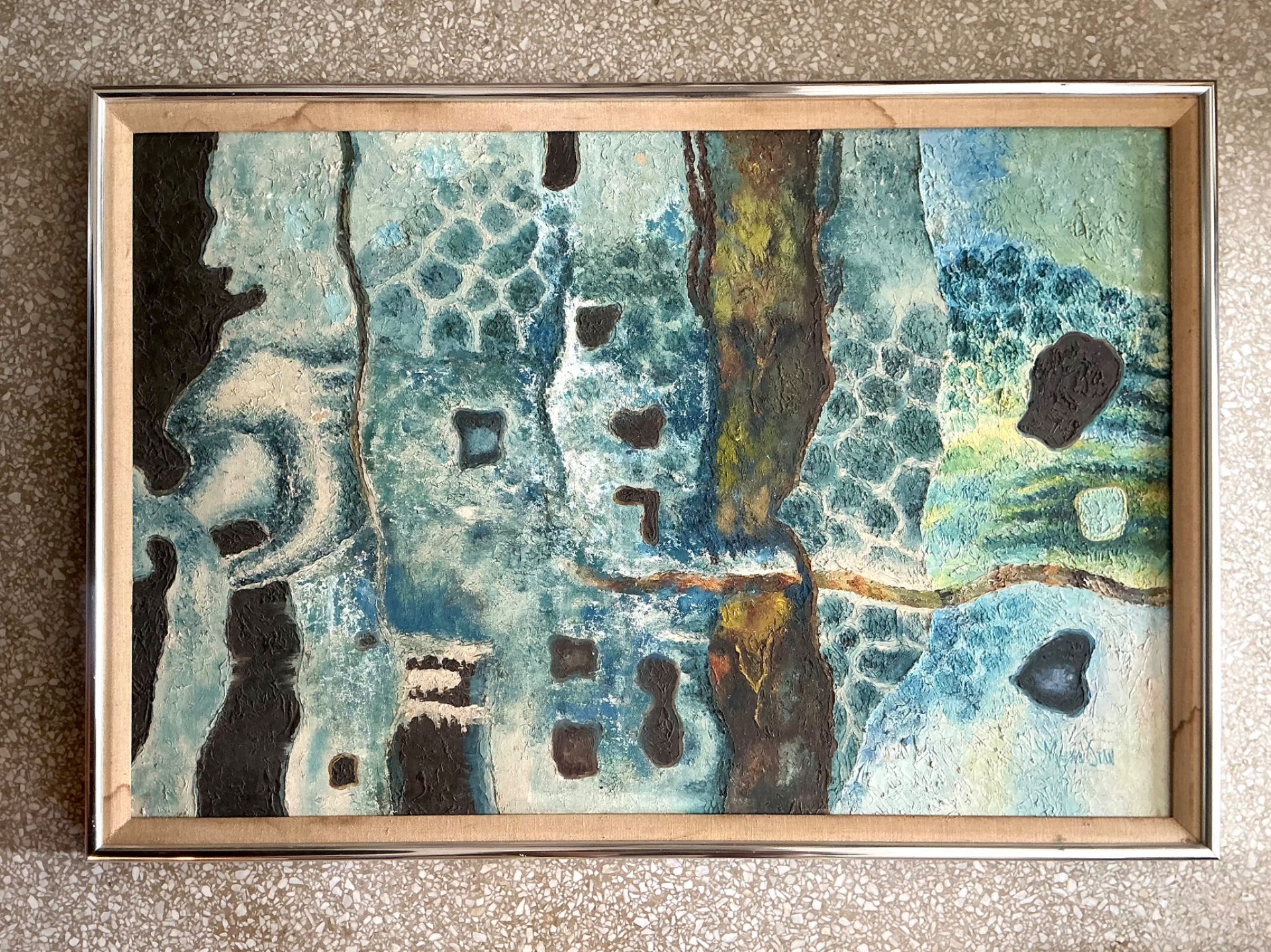 Vintage Framed Abstract Art on Board - Top view
