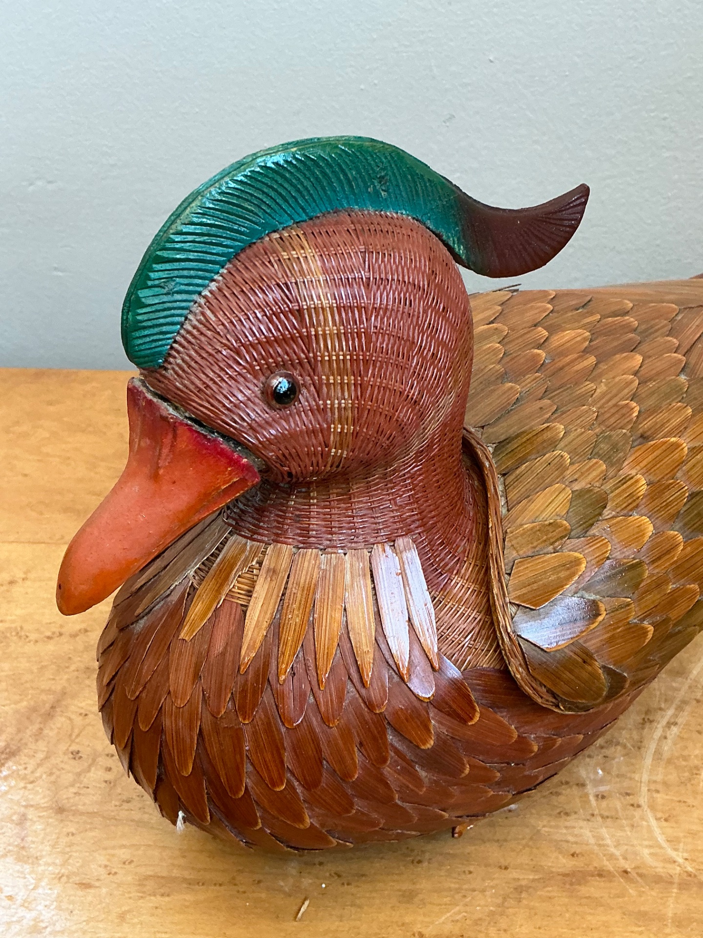 Vintage Shanghai Handicrafts woven Duck with hidden compartment under wings - Side view