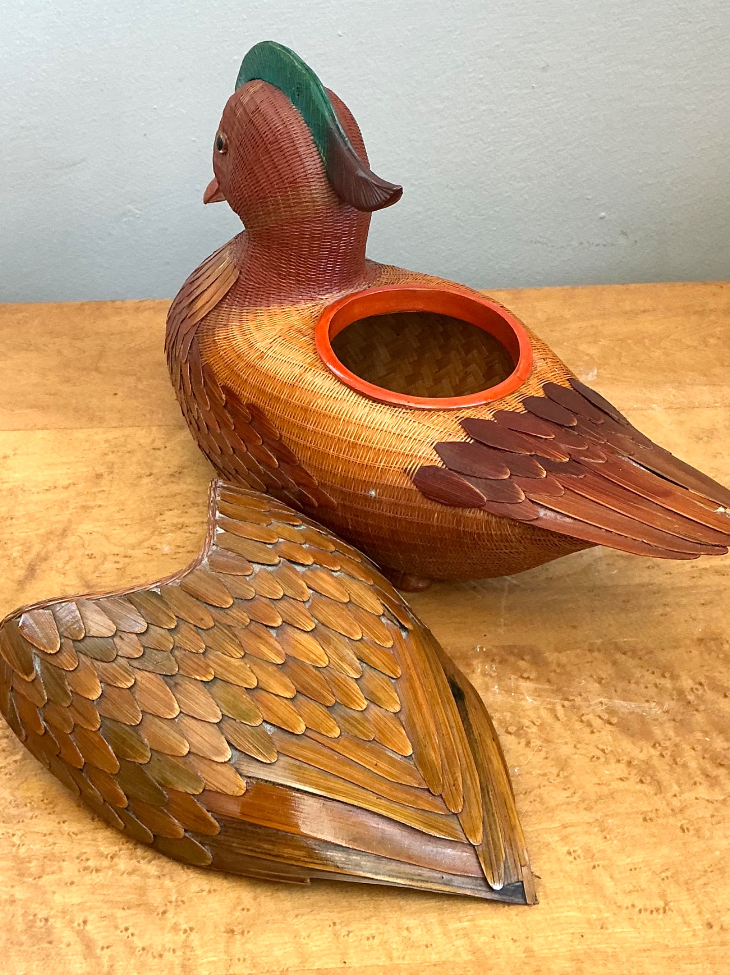 Vintage Shanghai Handicrafts woven Duck with hidden compartment under wings - Back view
