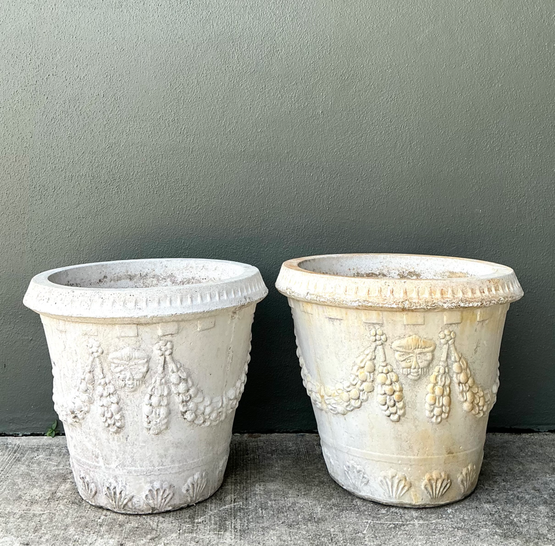 Vintage Cement Swag Embellished Planters - Pair - Back view