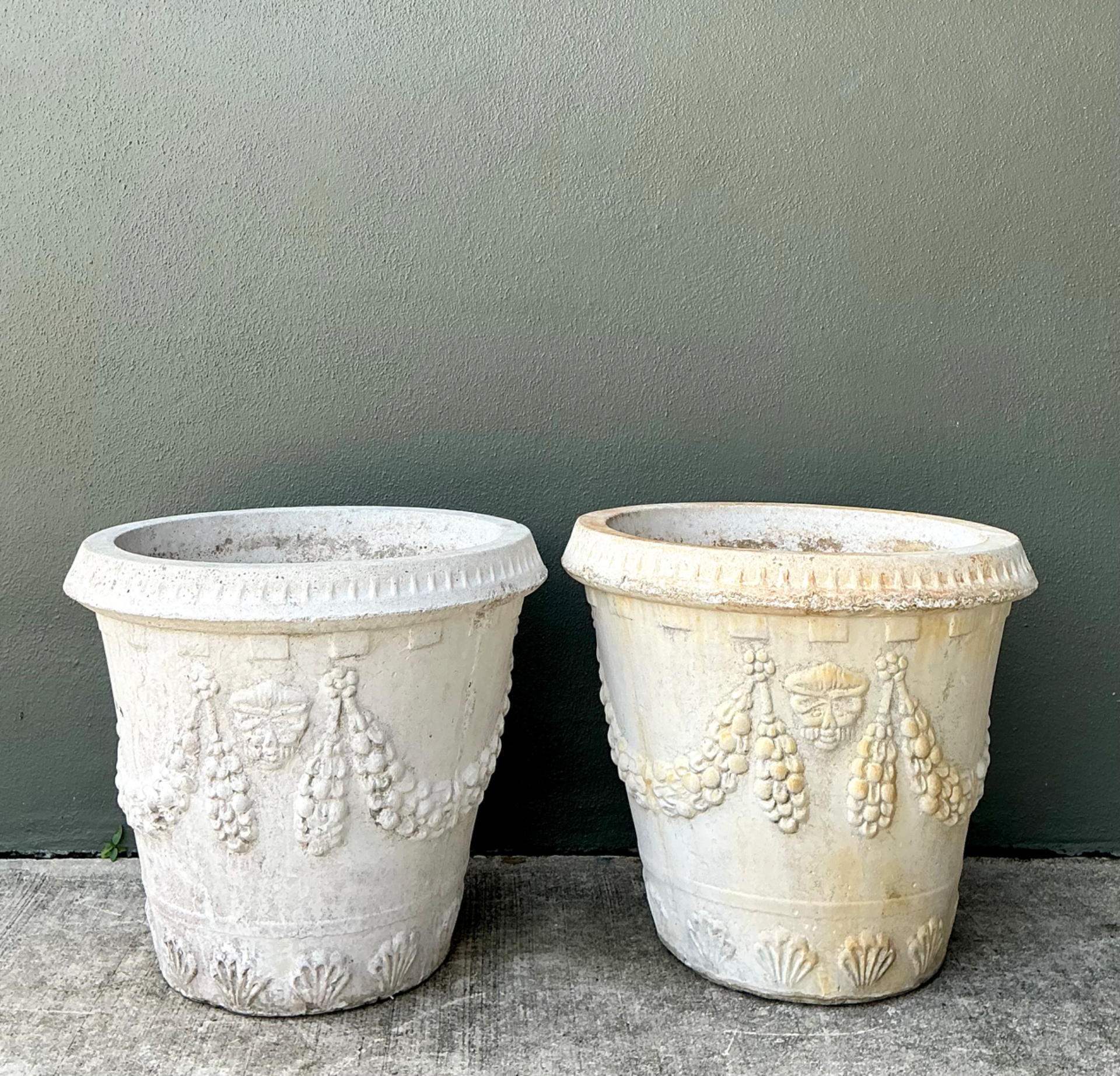 Vintage Cement Swag Embellished Planters - Pair - Detail view