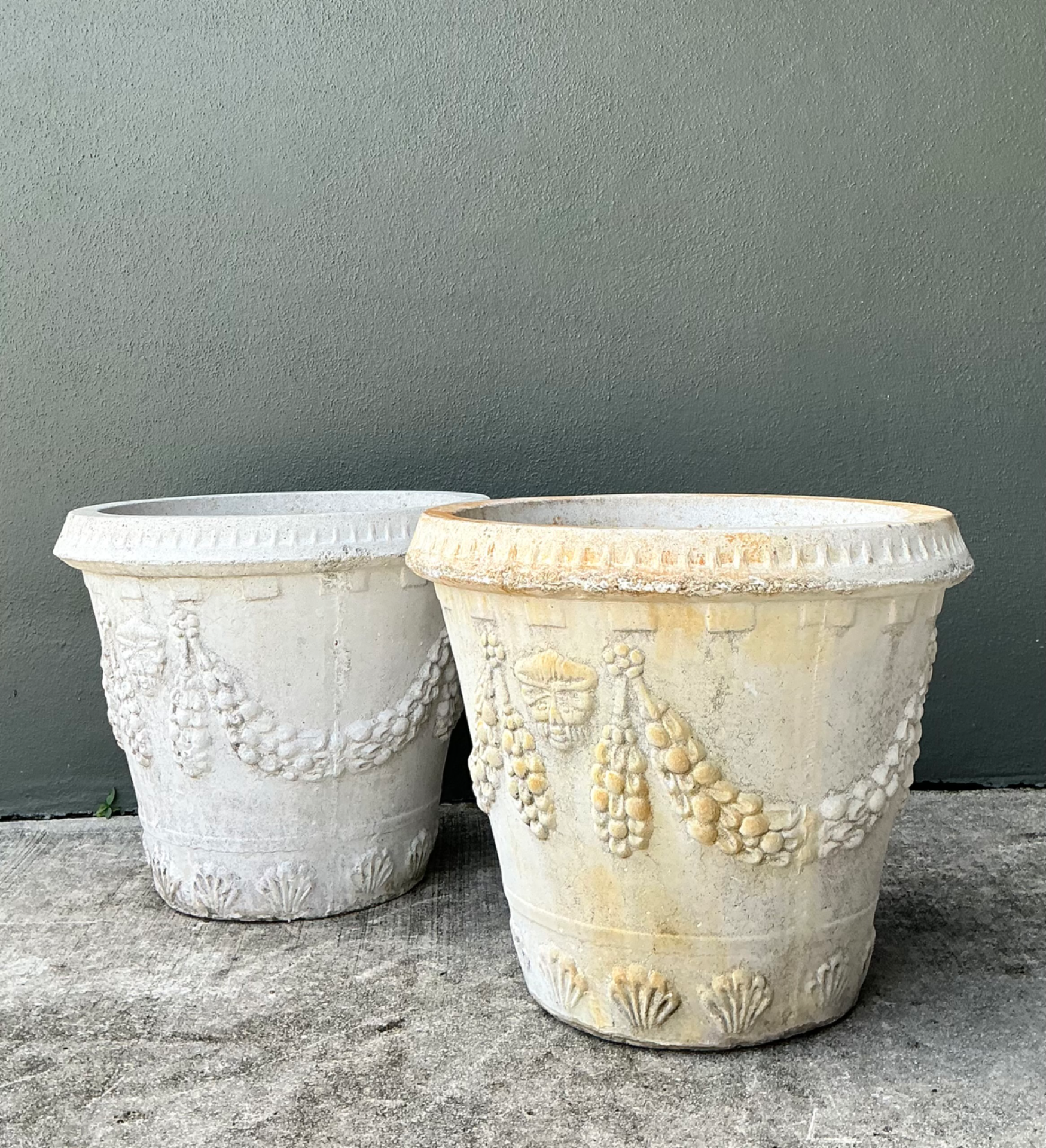 Vintage Cement Swag Embellished Planters - Pair - Top view