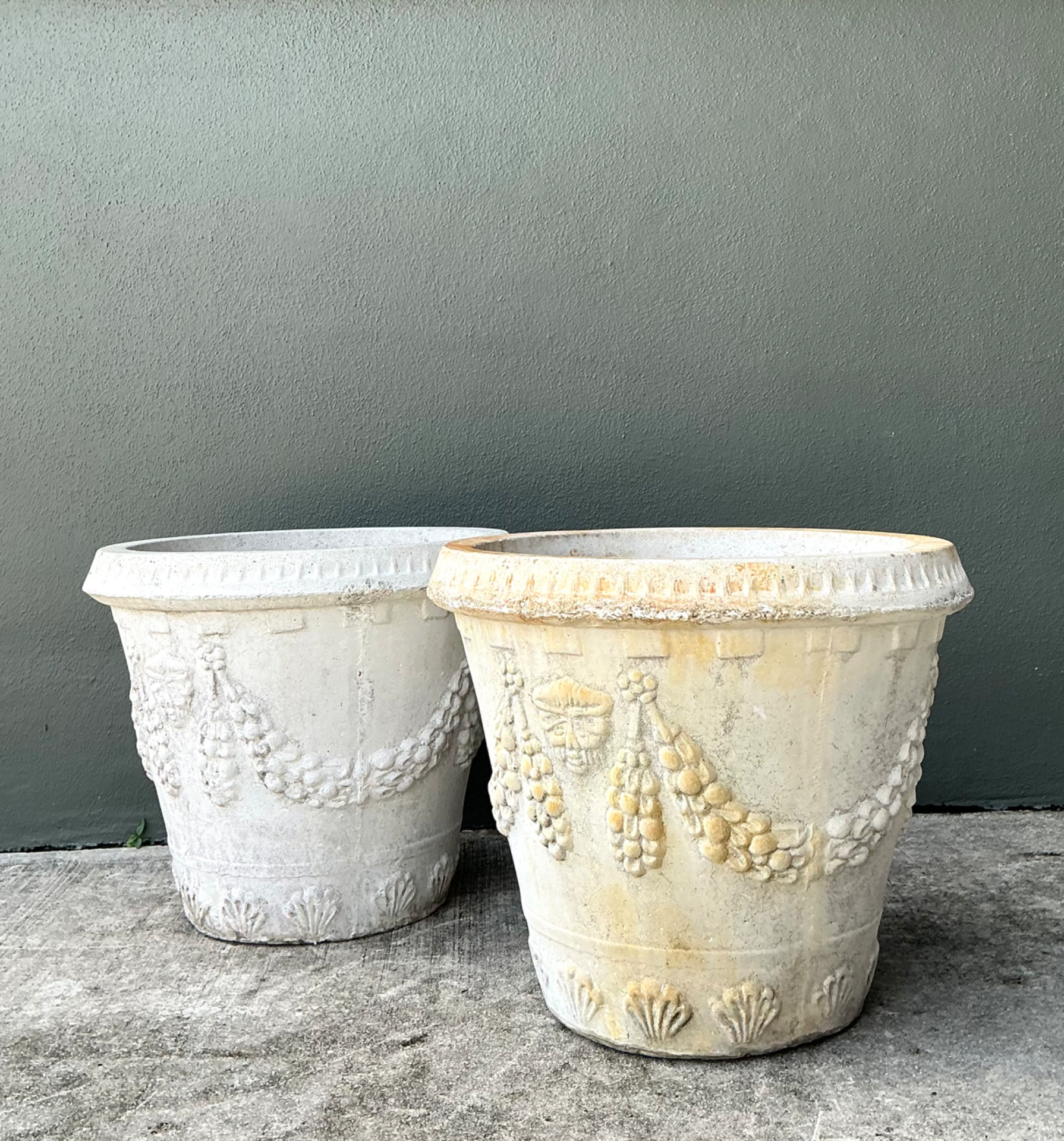 Vintage Cement Swag Embellished Planters - Pair - Side view