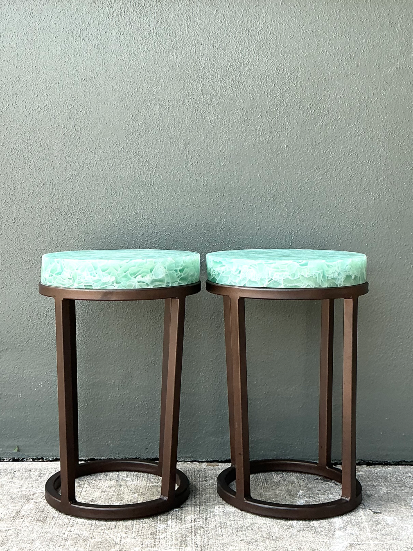 Vintage Stone and Metal Side Tables - Pair - Side view
