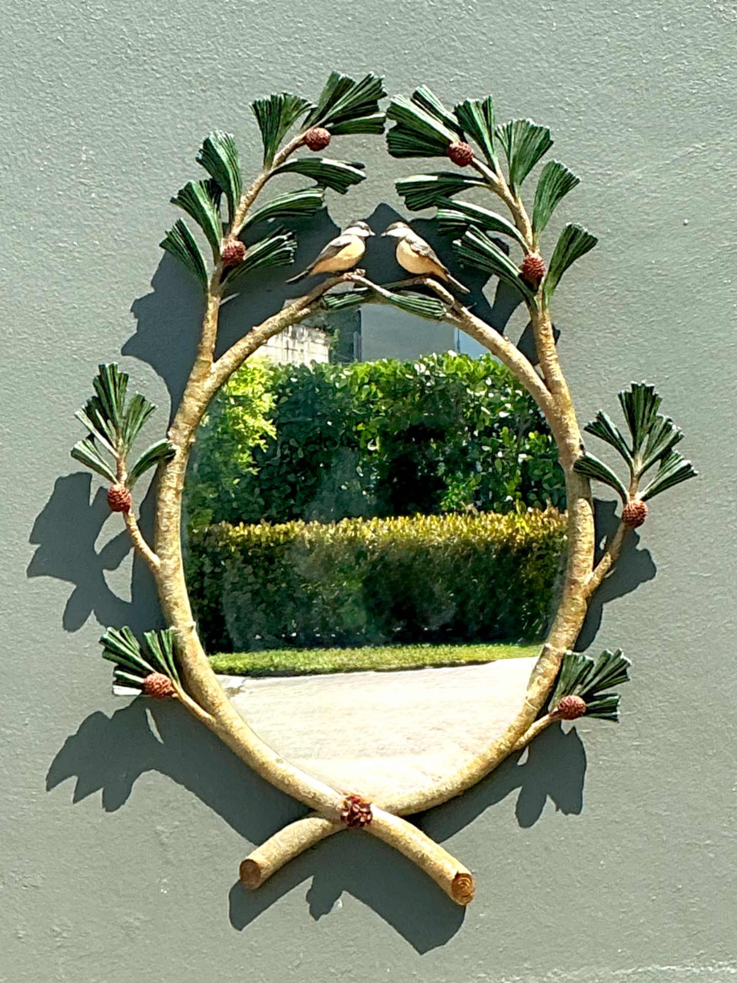Vintage Carvers Guild “Chickadees In Pine Bough” Mirror - Top view